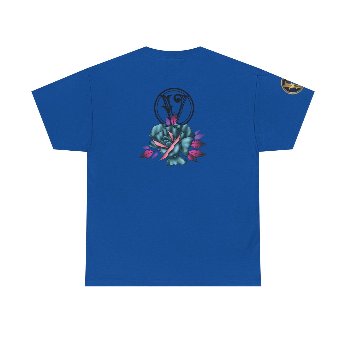 Blue & Pink Rose Graphic Tee — Vintage Floral Tattoo Shirt