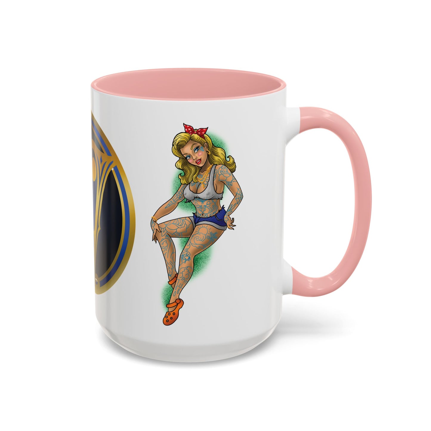 Vintage Pin-Up Coffee Mug with Gold Monogram V — Retro Tattoo Style Accent Mug (11/15oz)