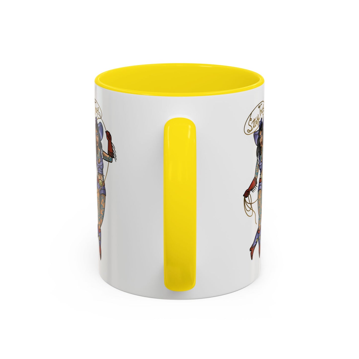 Accent Coffee Mug — Vintage Gold 'V' Monogram & Pin-Up Cowgirl Illustration (11oz/15oz)