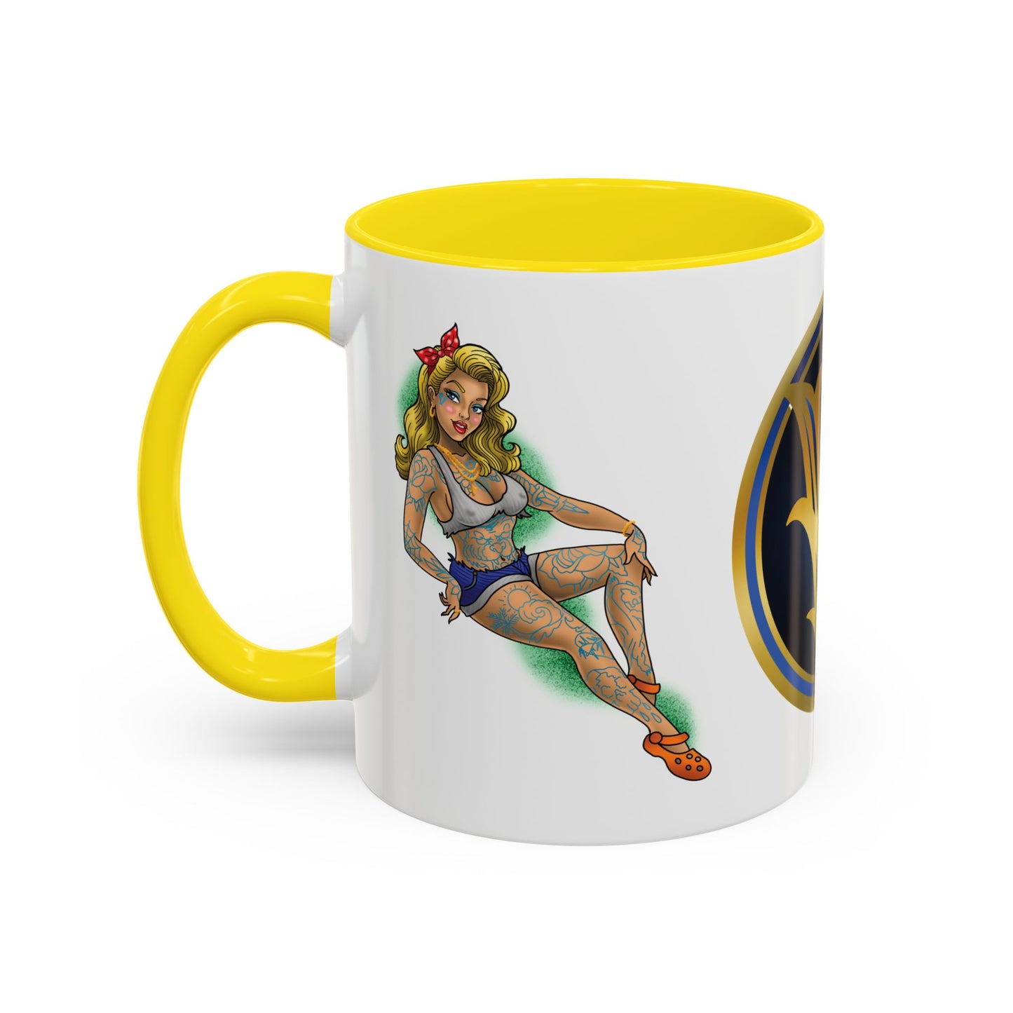 Vintage Pin-Up Coffee Mug with Gold Monogram V — Retro Tattoo Style Accent Mug (11/15oz)