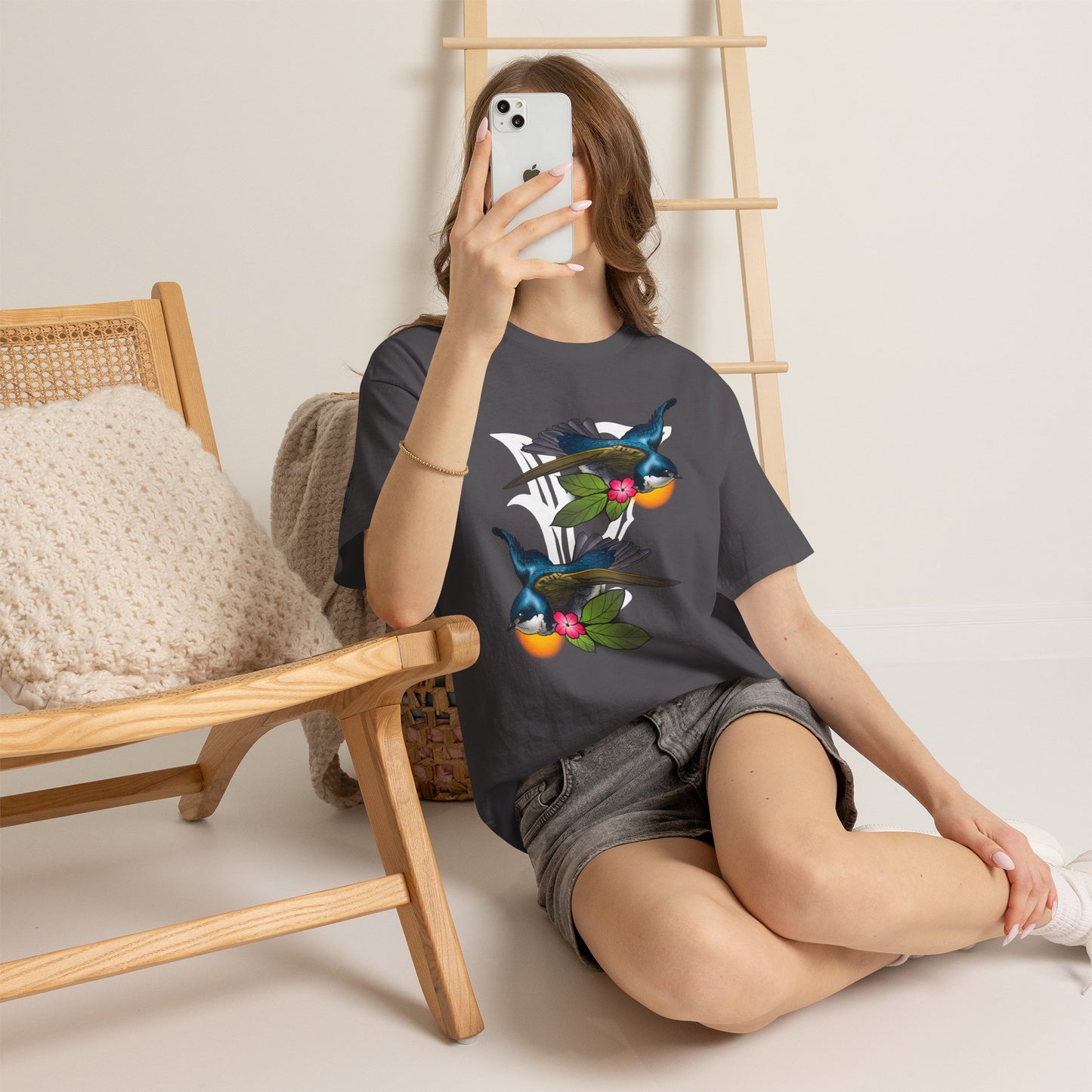 Bird Skull & Swallow Art Tee — Vibrant Blue Bird Illustration T-Shirt
