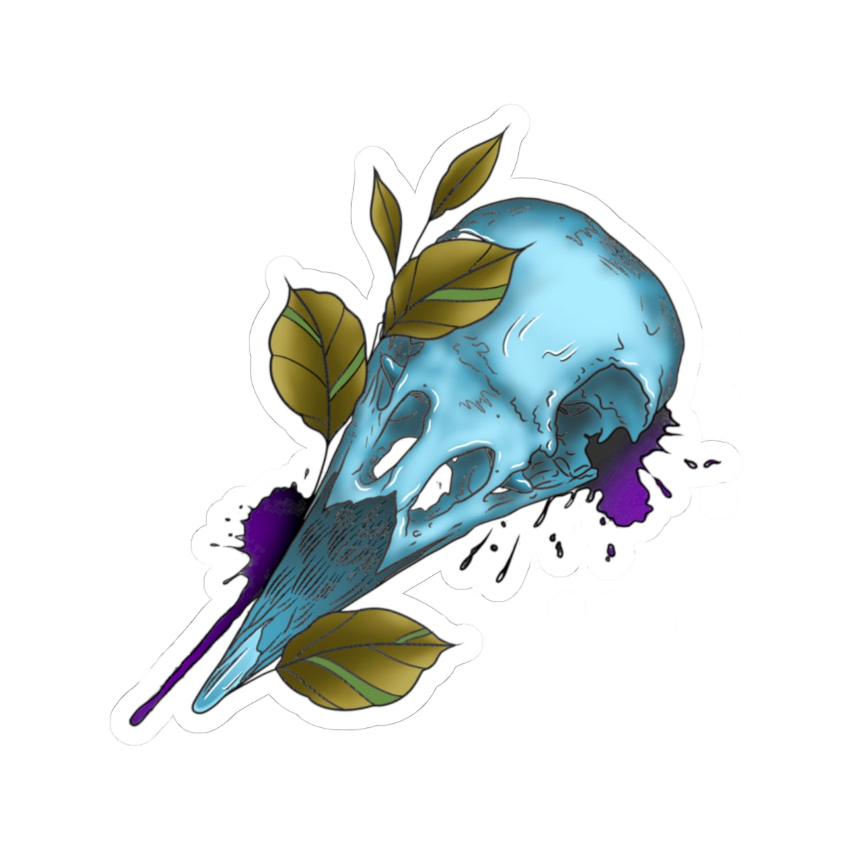 Blue Bird Skull Sticker — Gothic Nature Kiss-Cut Decal