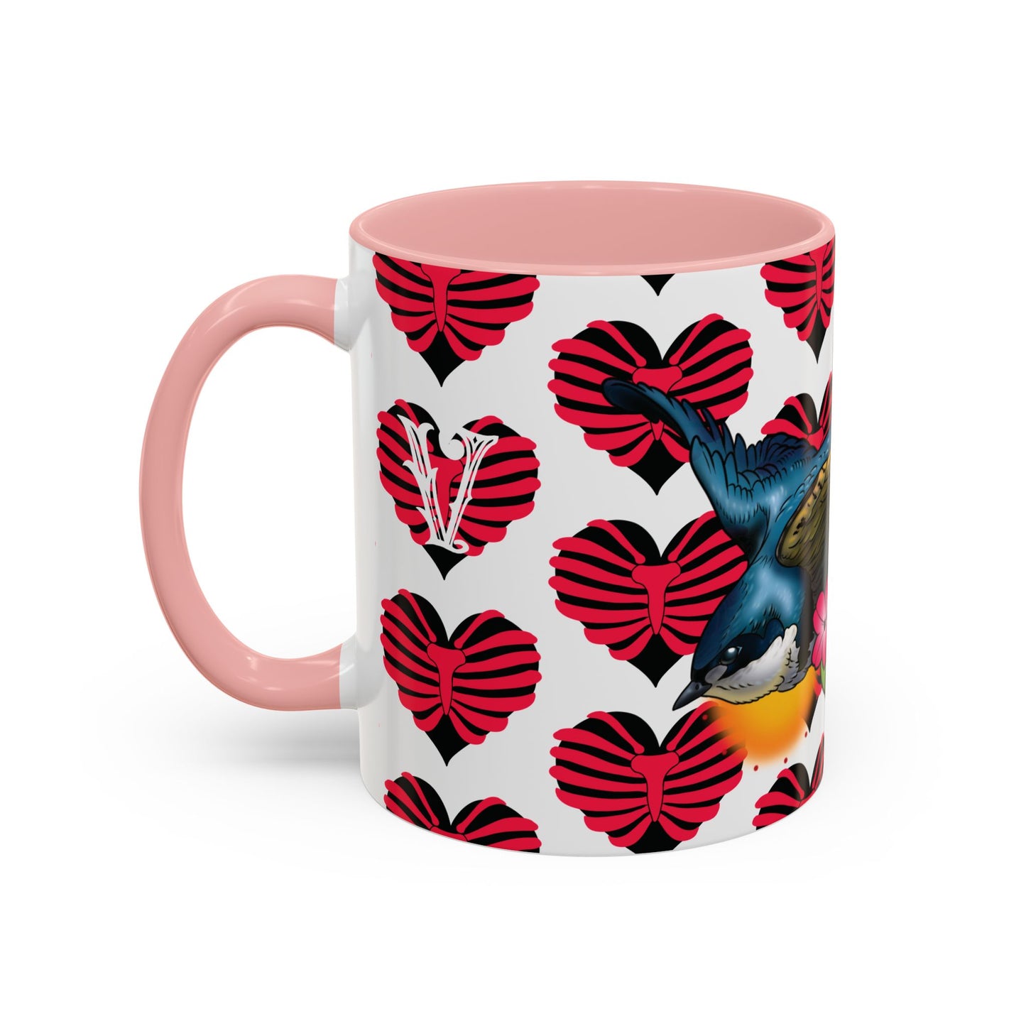 Bird & Hearts Accent Coffee Mug – Colorful Songbird Pattern (11/15oz)