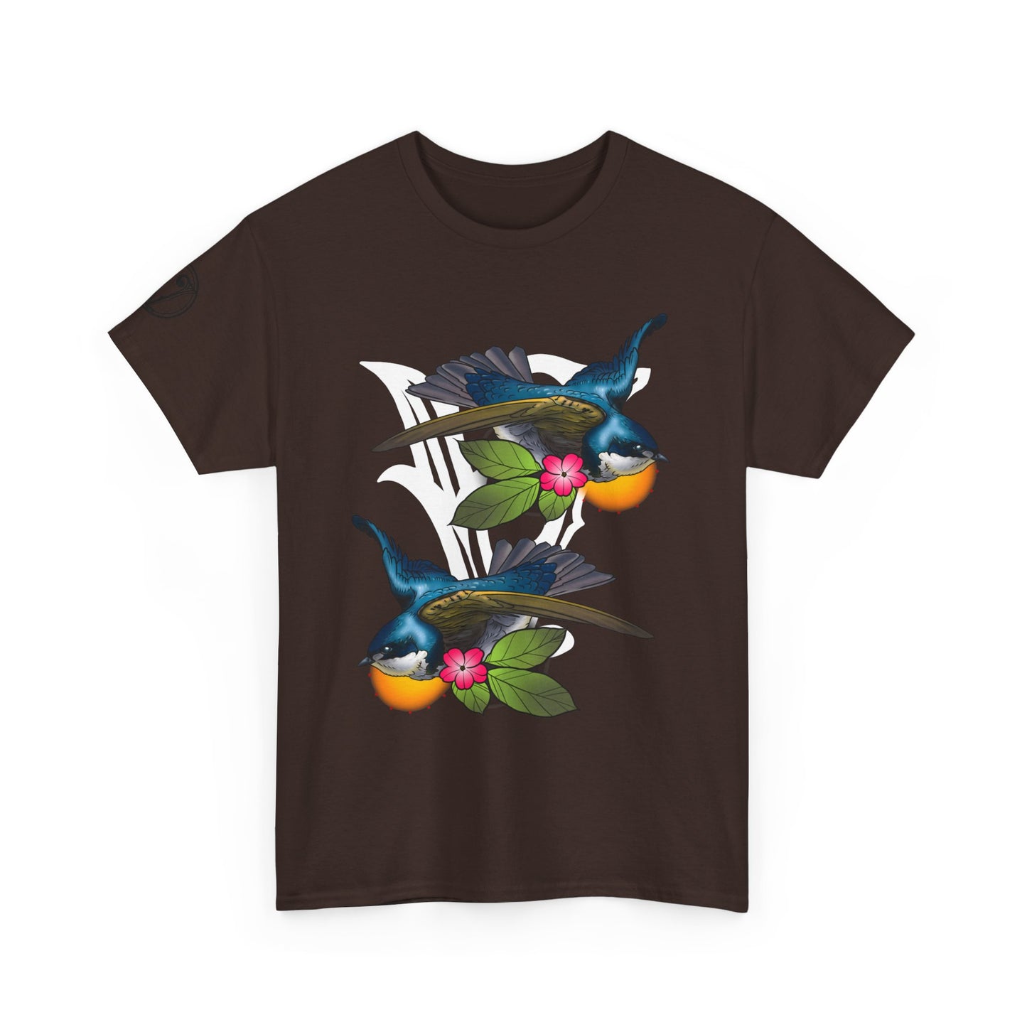 Bird Skull & Swallow Art Tee — Vibrant Blue Bird Illustration T-Shirt