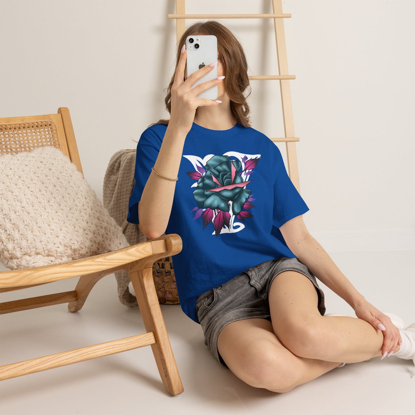 Blue & Pink Rose Graphic Tee — Vintage Floral Tattoo Shirt