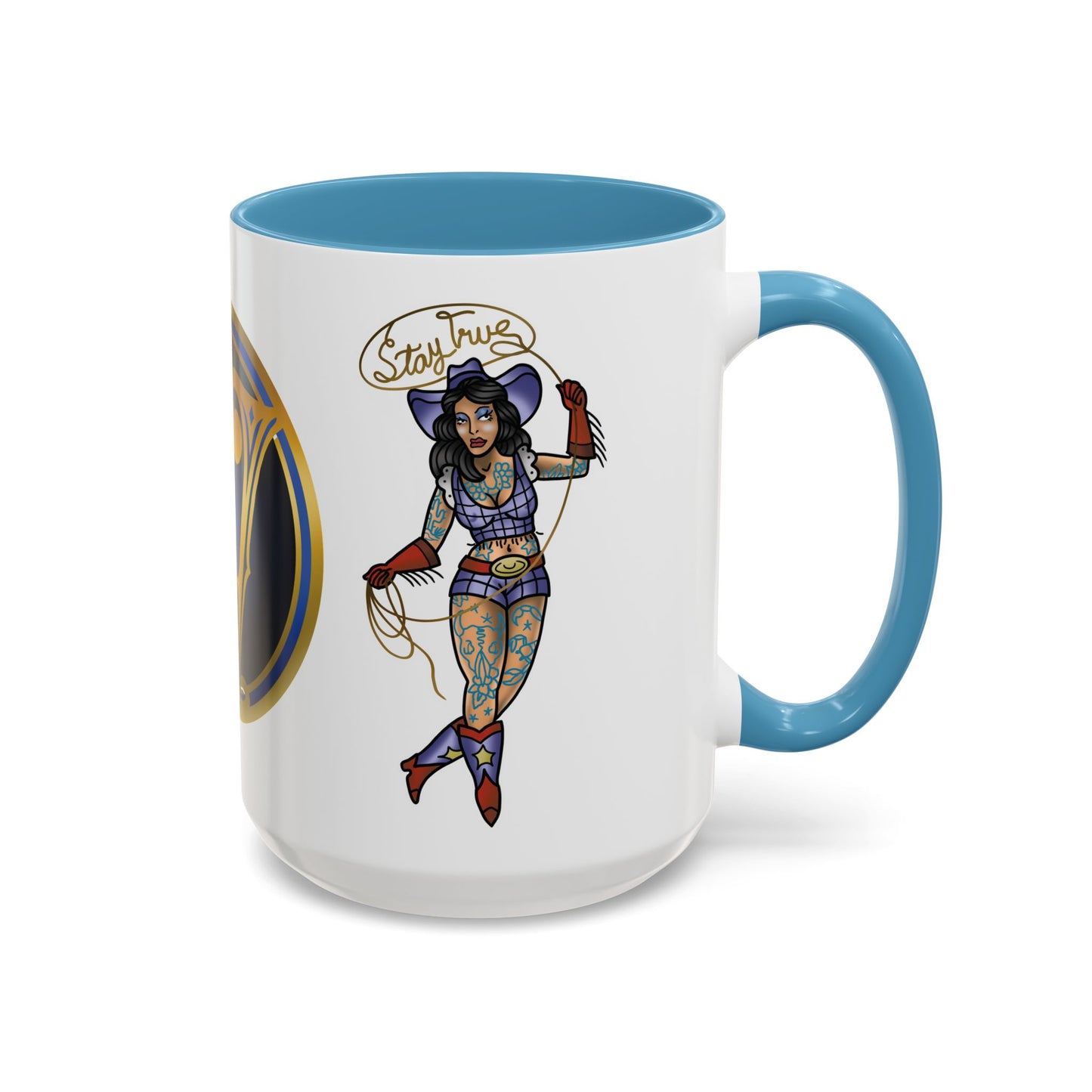 Accent Coffee Mug — Vintage Gold 'V' Monogram & Pin-Up Cowgirl Illustration (11oz/15oz)
