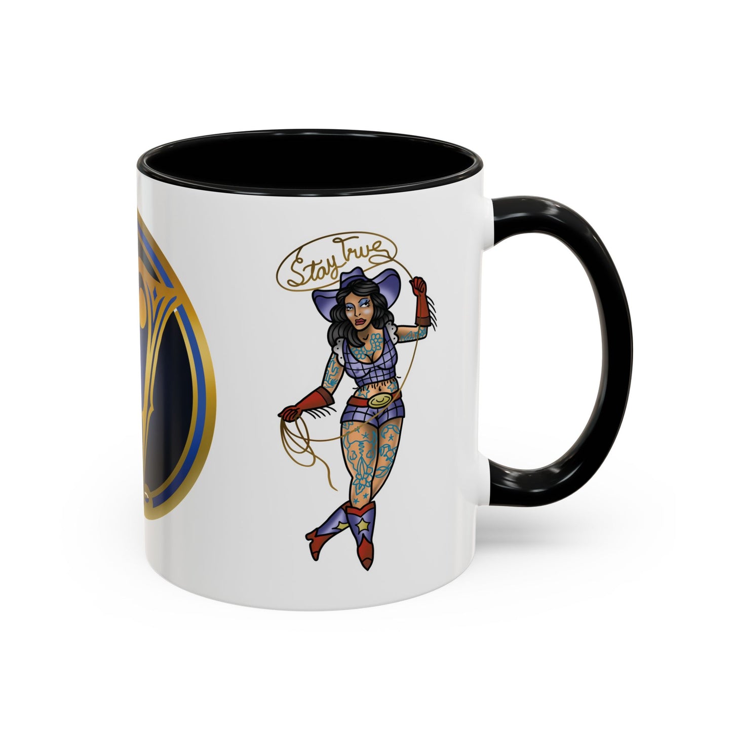 Accent Coffee Mug — Vintage Gold 'V' Monogram & Pin-Up Cowgirl Illustration (11oz/15oz)