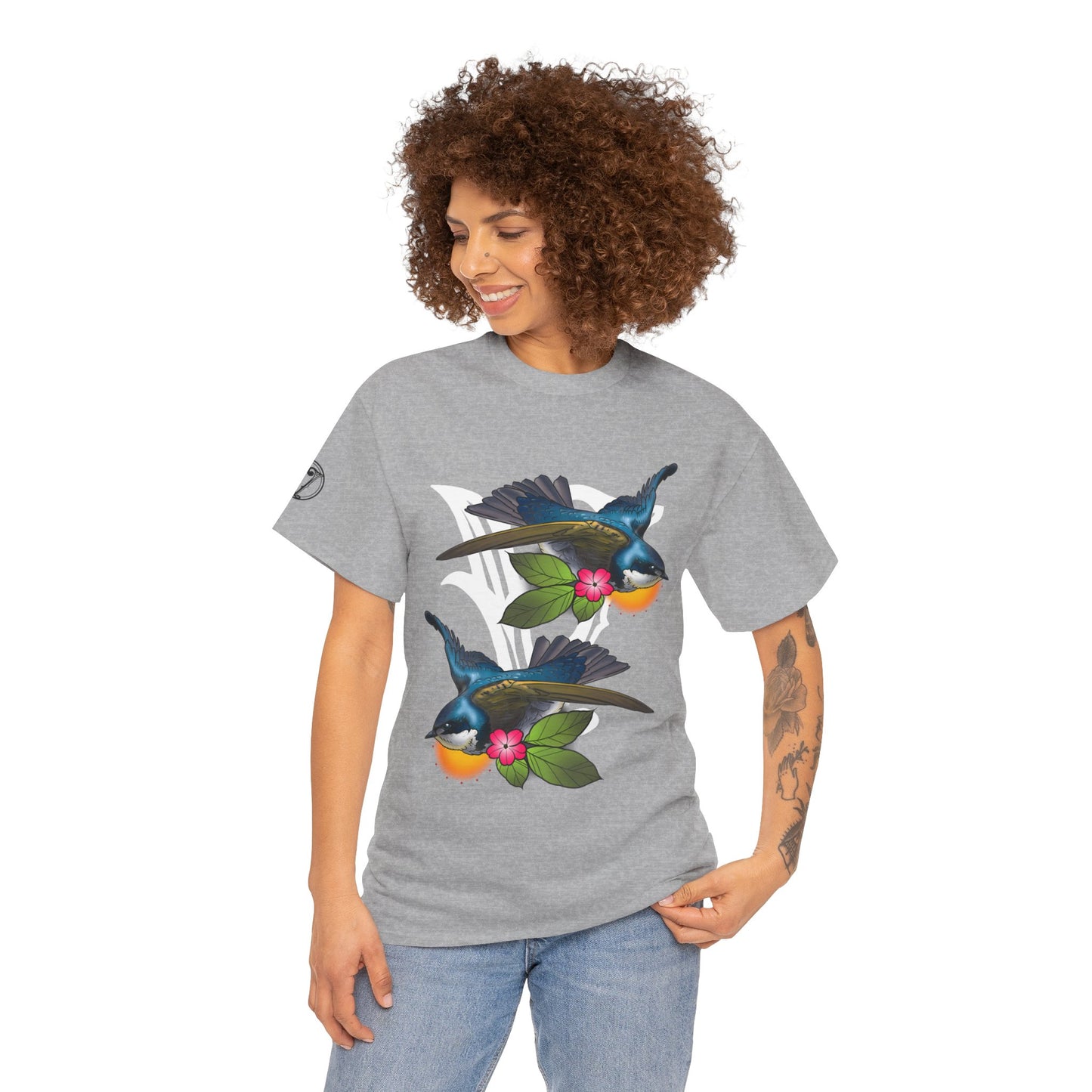 Bird Skull & Swallow Art Tee — Vibrant Blue Bird Illustration T-Shirt