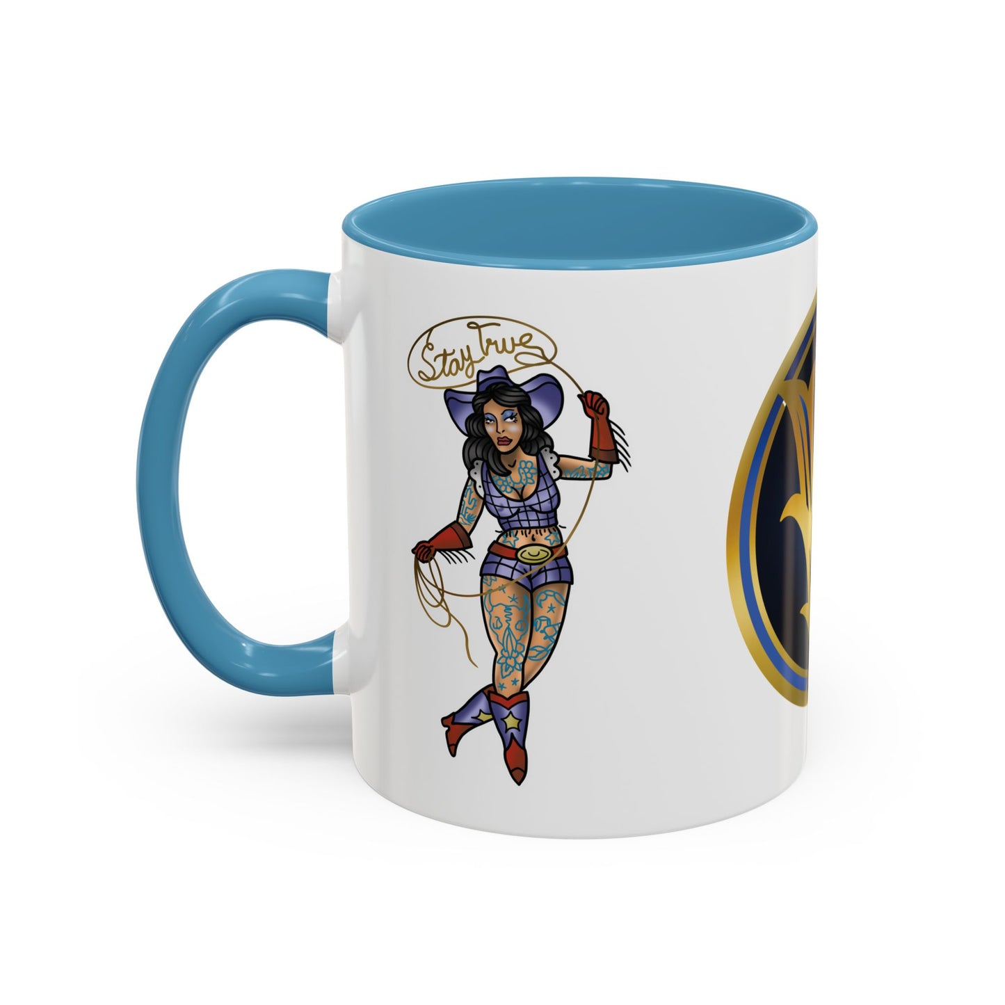 Accent Coffee Mug — Vintage Gold 'V' Monogram & Pin-Up Cowgirl Illustration (11oz/15oz)