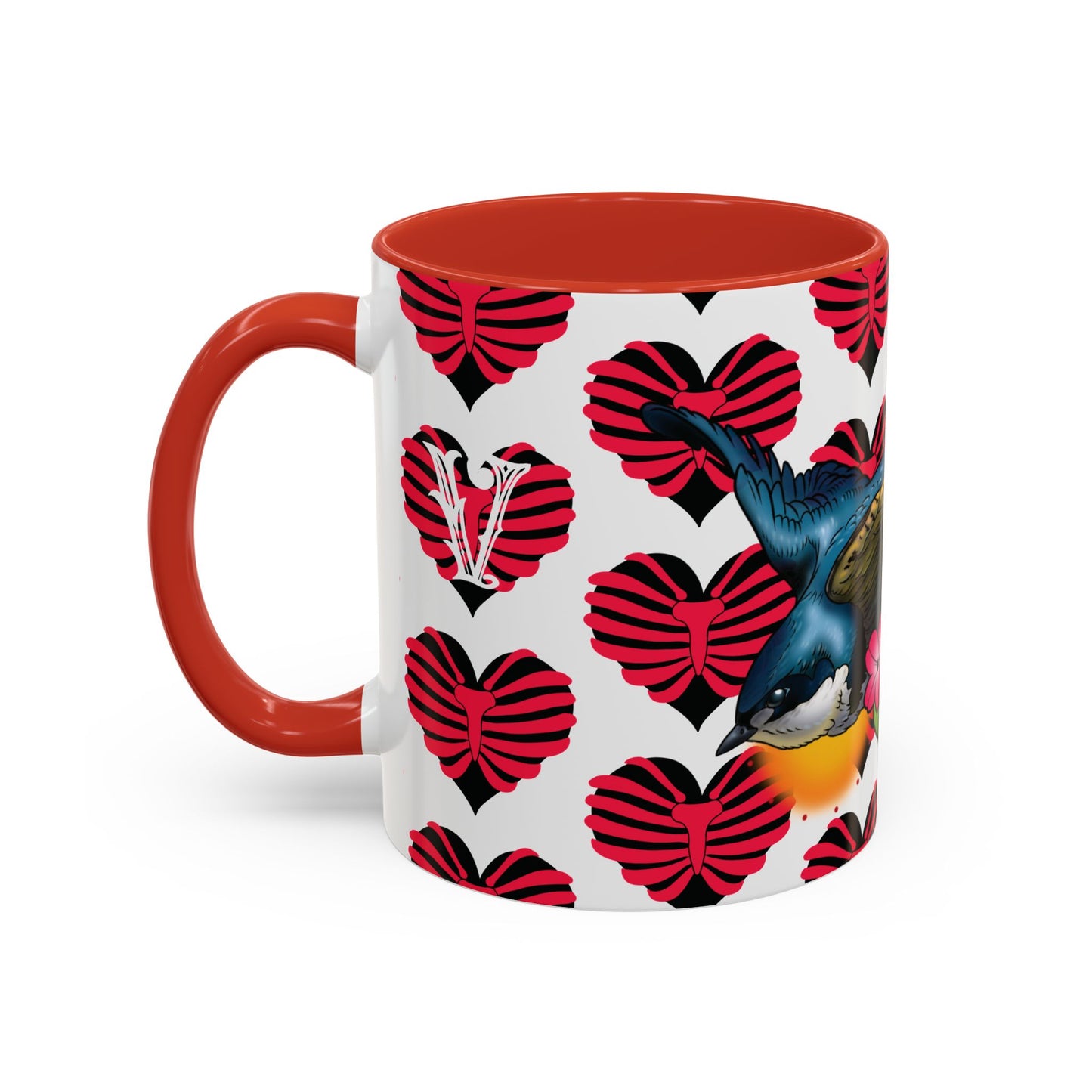 Bird & Hearts Accent Coffee Mug – Colorful Songbird Pattern (11/15oz)
