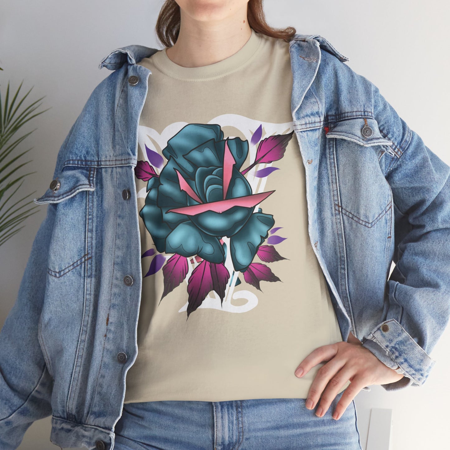 Blue & Pink Rose Graphic Tee — Vintage Floral Tattoo Shirt