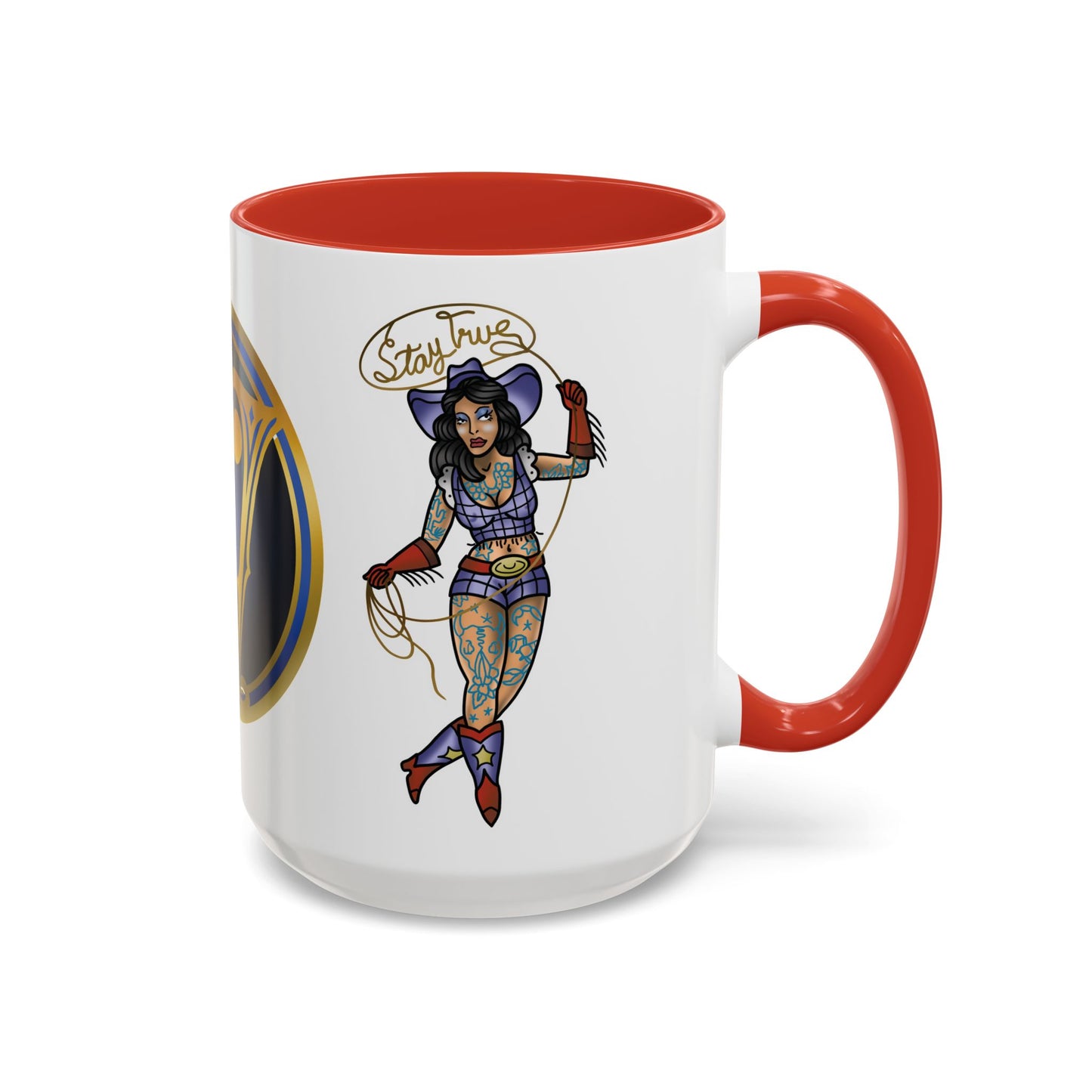 Accent Coffee Mug — Vintage Gold 'V' Monogram & Pin-Up Cowgirl Illustration (11oz/15oz)