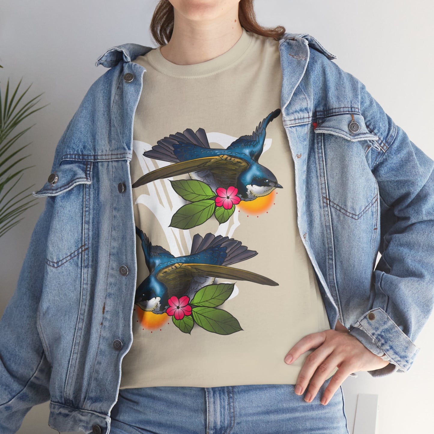 Bird Skull & Swallow Art Tee — Vibrant Blue Bird Illustration T-Shirt