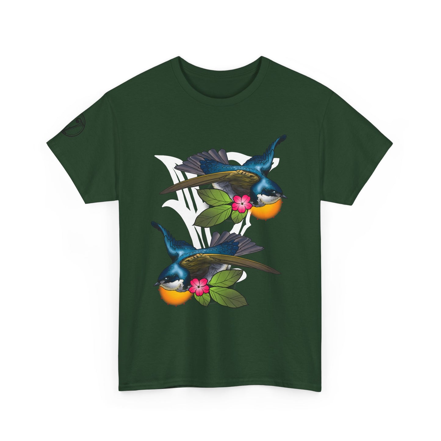 Bird Skull & Swallow Art Tee — Vibrant Blue Bird Illustration T-Shirt