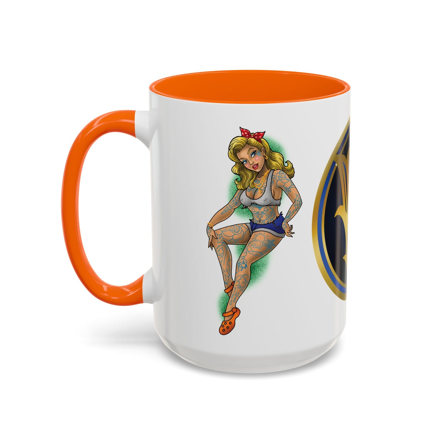 Vintage Pin-Up Coffee Mug with Gold Monogram V — Retro Tattoo Style Accent Mug (11/15oz)