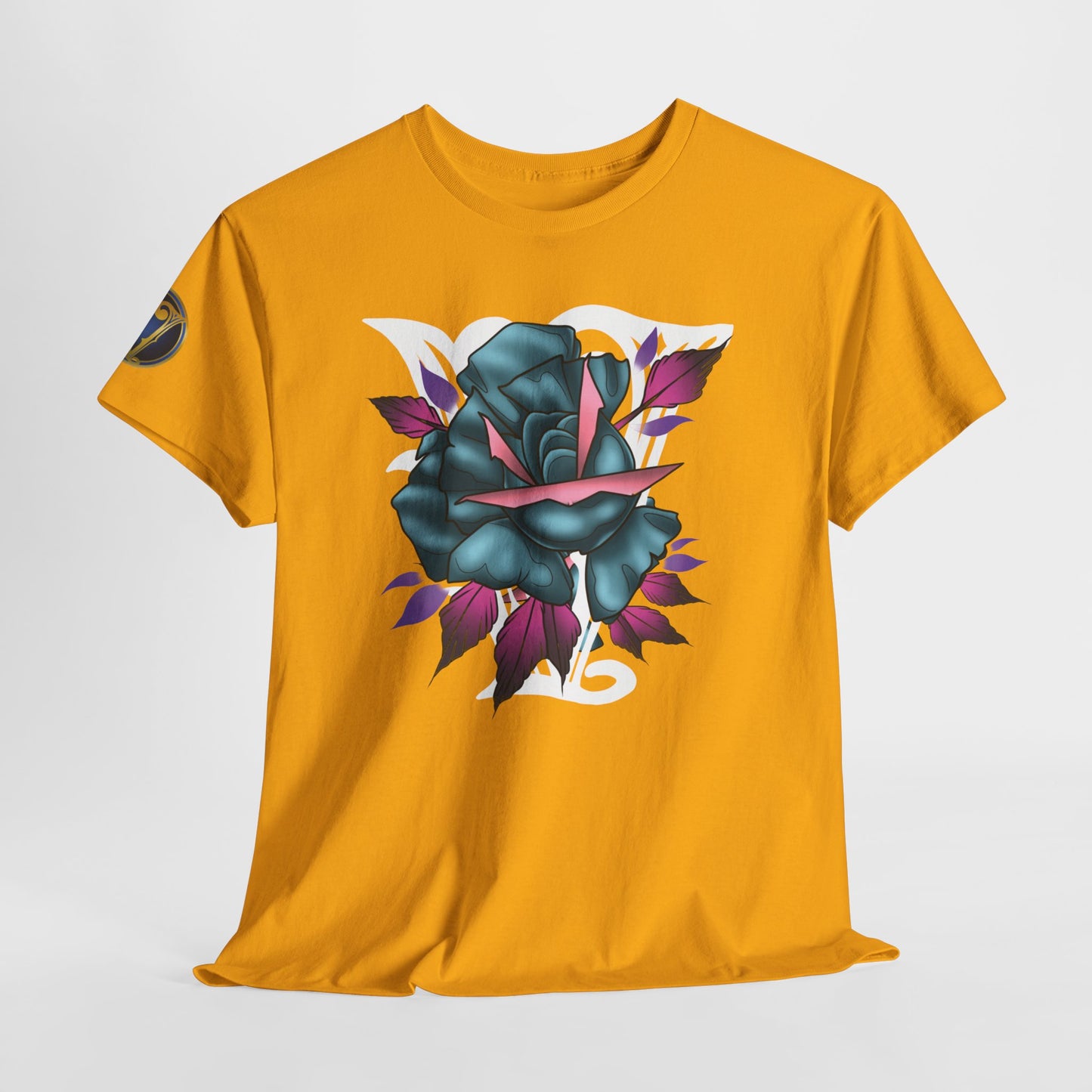 Blue & Pink Rose Graphic Tee — Vintage Floral Tattoo Shirt