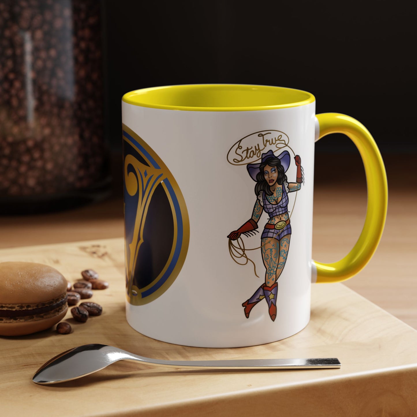 Accent Coffee Mug — Vintage Gold 'V' Monogram & Pin-Up Cowgirl Illustration (11oz/15oz)
