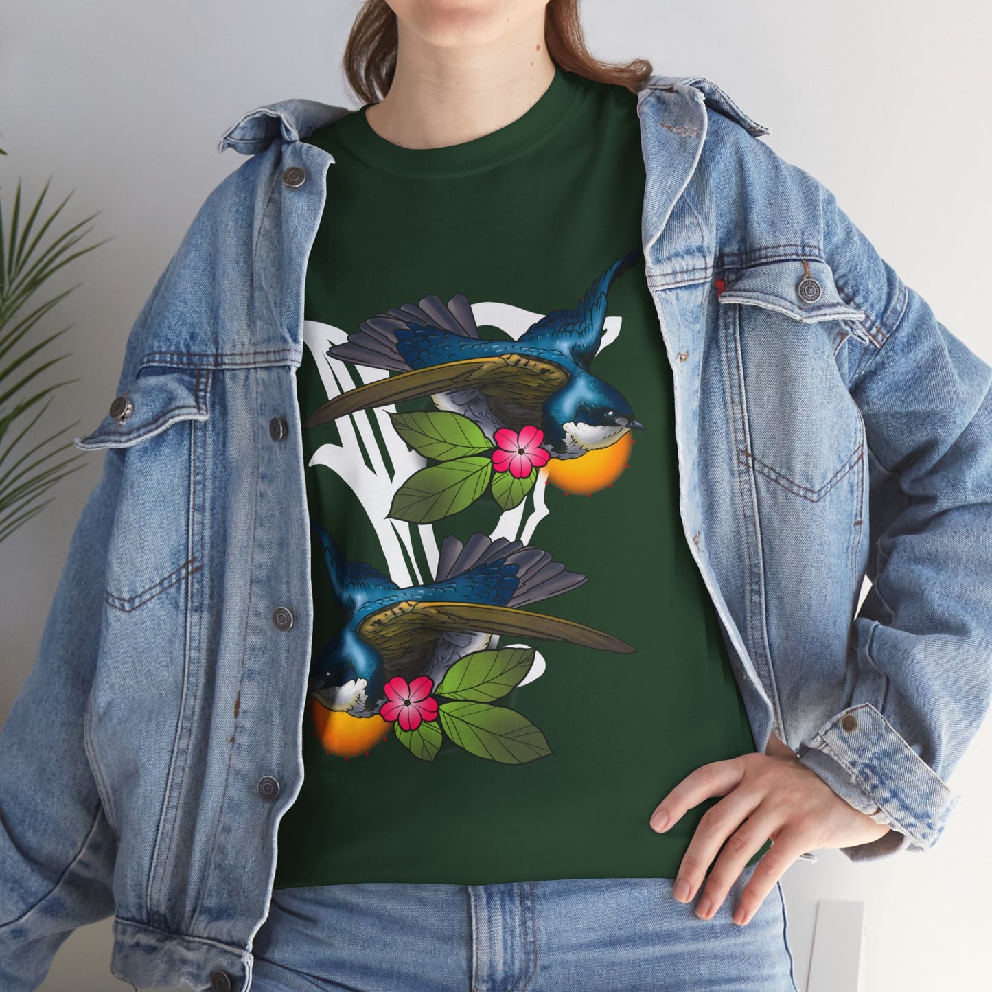 Bird Skull & Swallow Art Tee — Vibrant Blue Bird Illustration T-Shirt