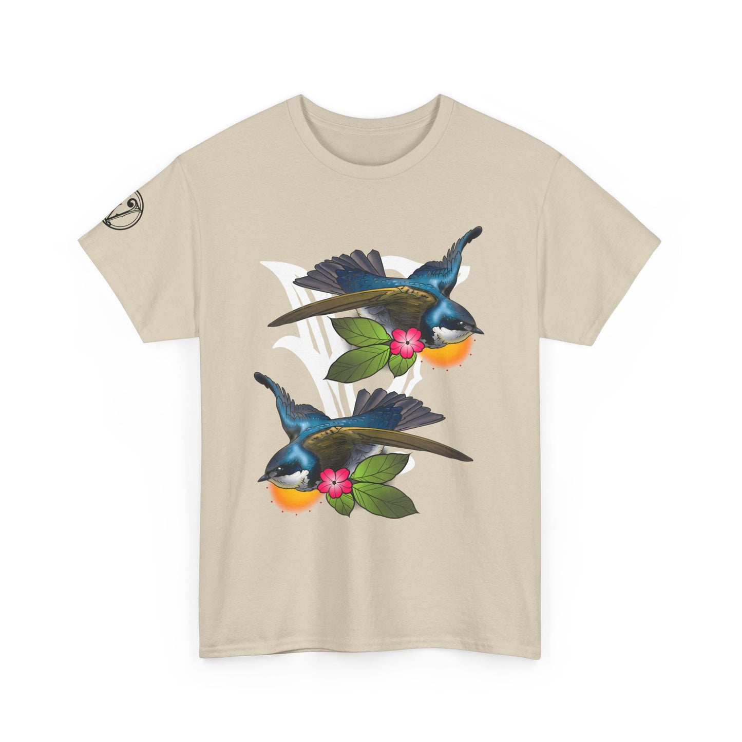 Bird Skull & Swallow Art Tee — Vibrant Blue Bird Illustration T-Shirt
