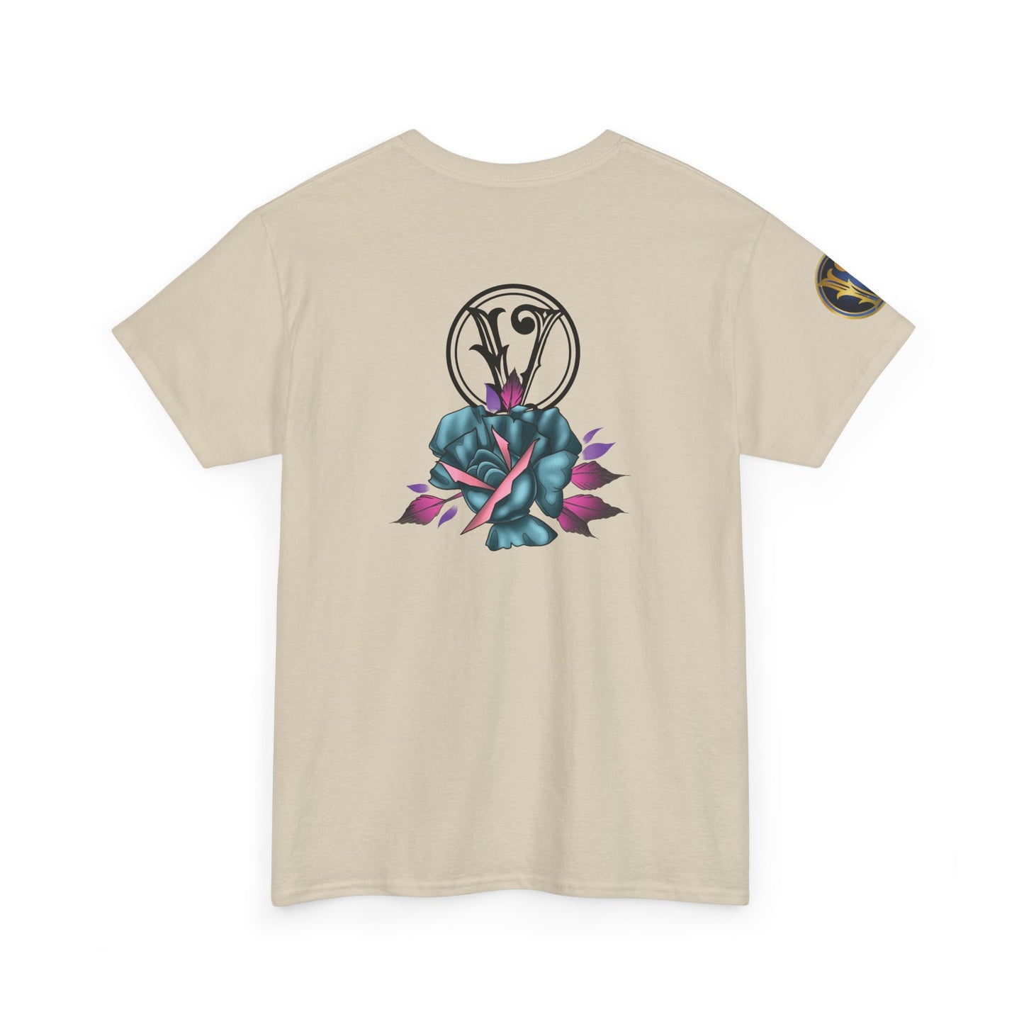 Blue & Pink Rose Graphic Tee — Vintage Floral Tattoo Shirt