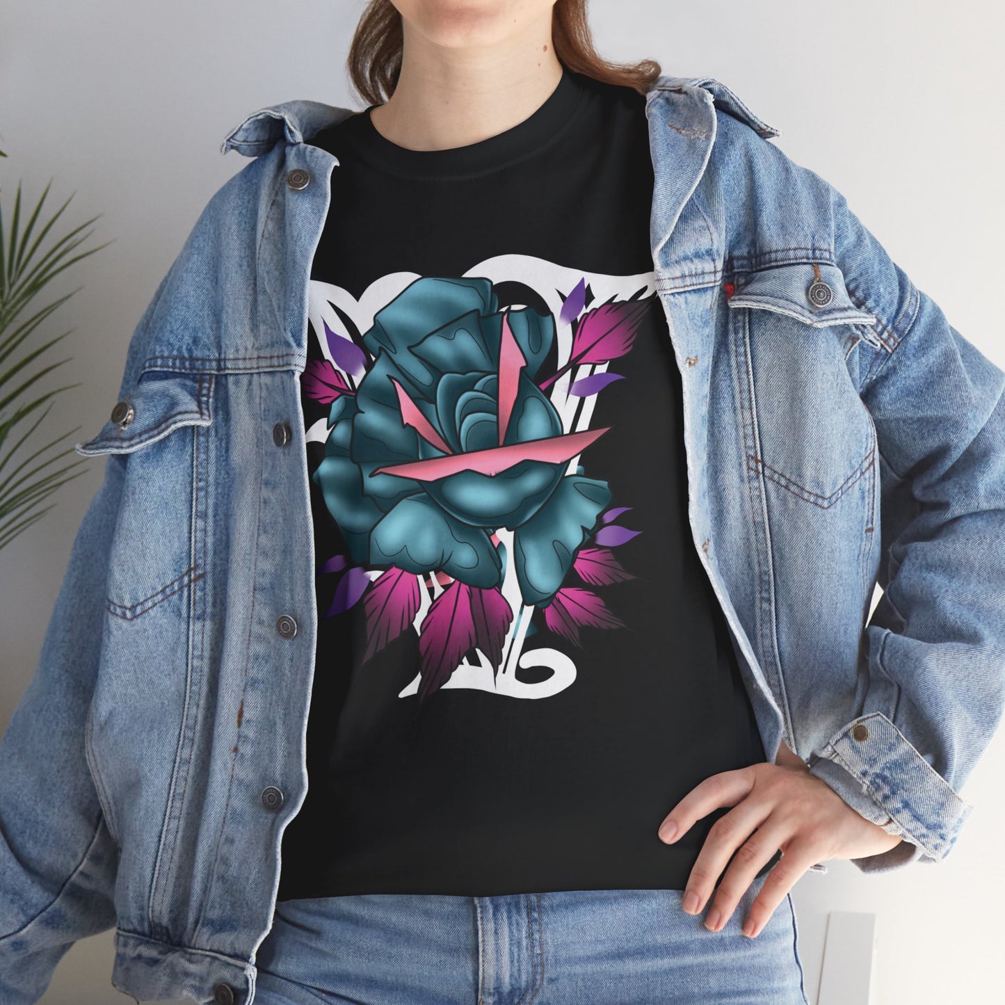 Blue & Pink Rose Graphic Tee — Vintage Floral Tattoo Shirt