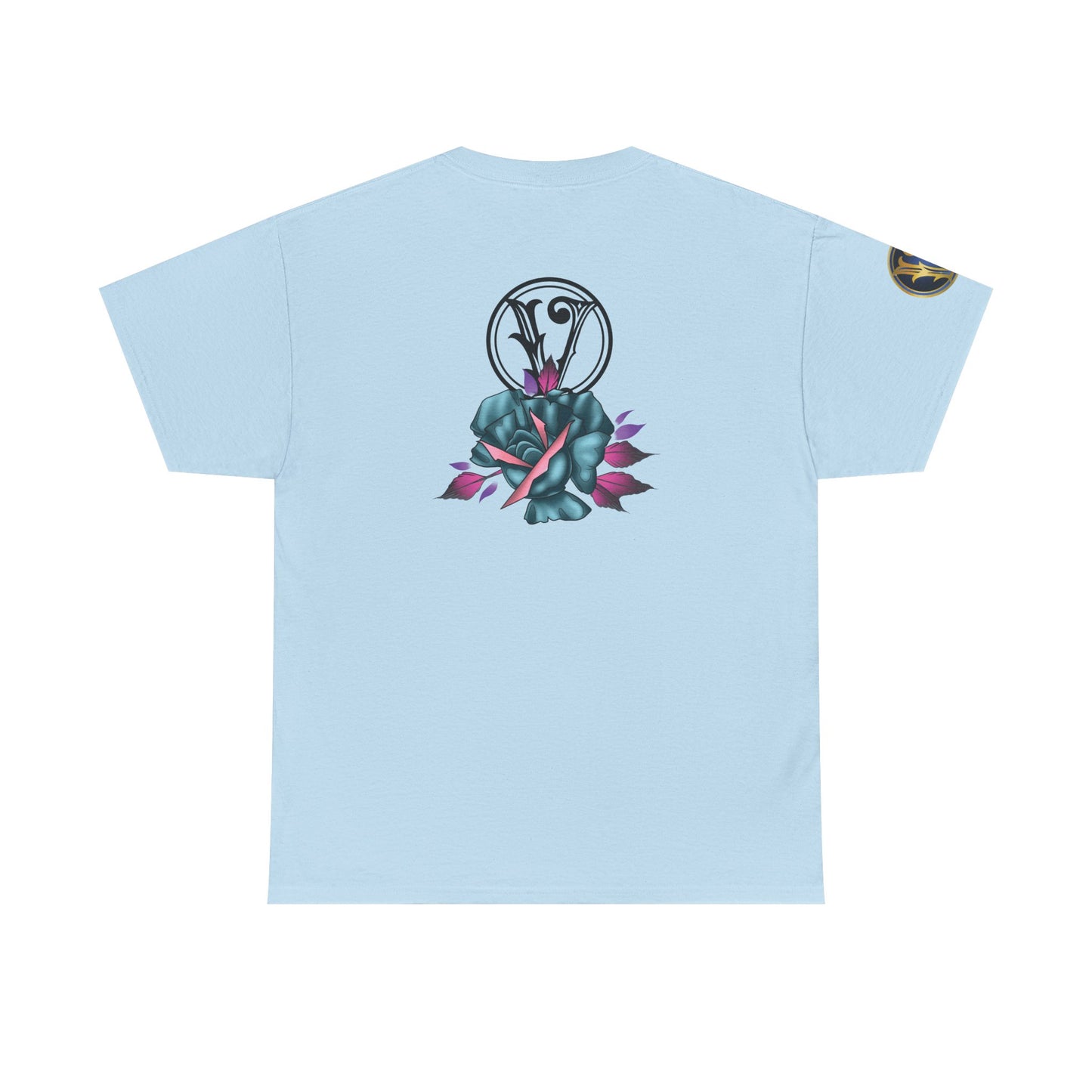 Blue & Pink Rose Graphic Tee — Vintage Floral Tattoo Shirt