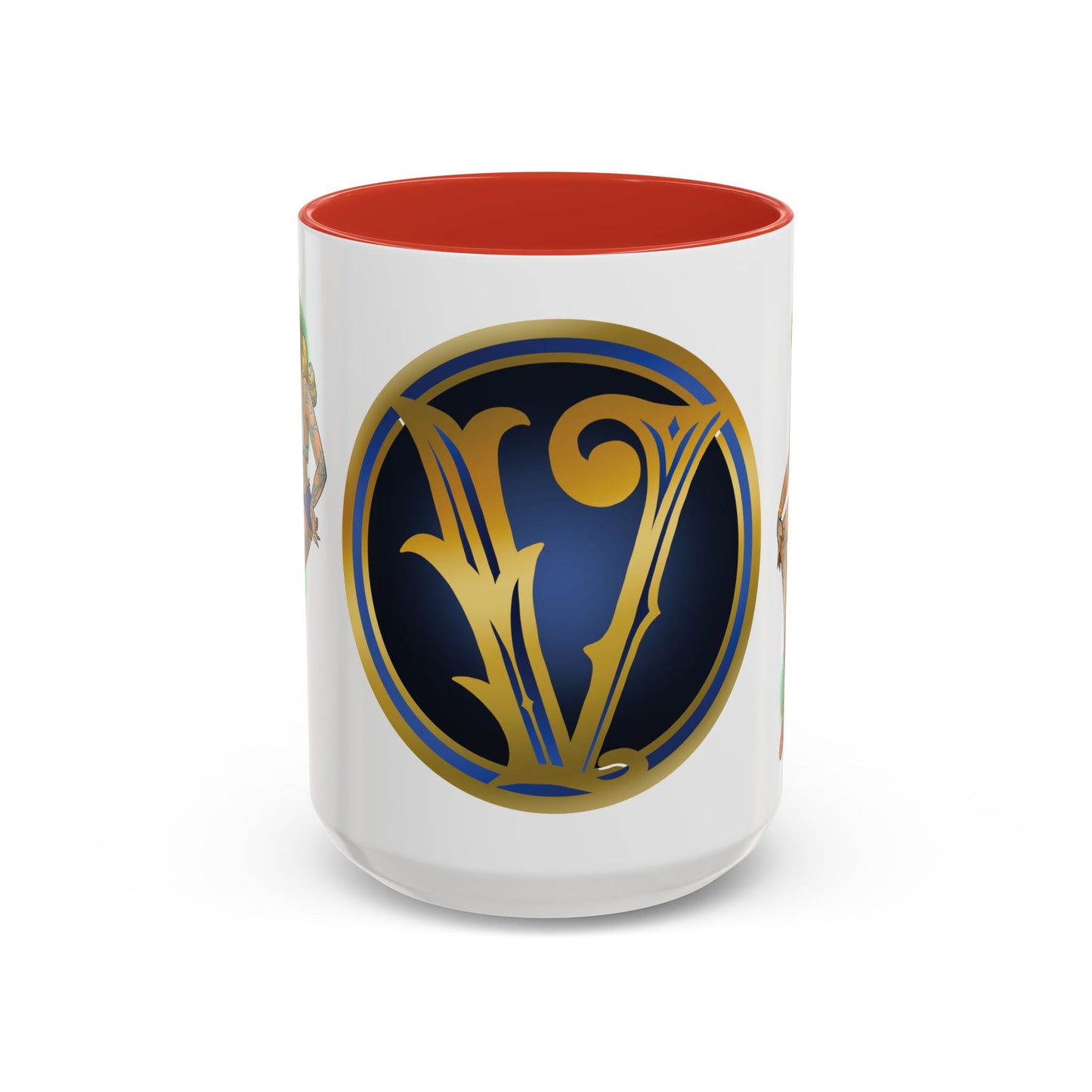 Vintage Pin-Up Coffee Mug with Gold Monogram V — Retro Tattoo Style Accent Mug (11/15oz)