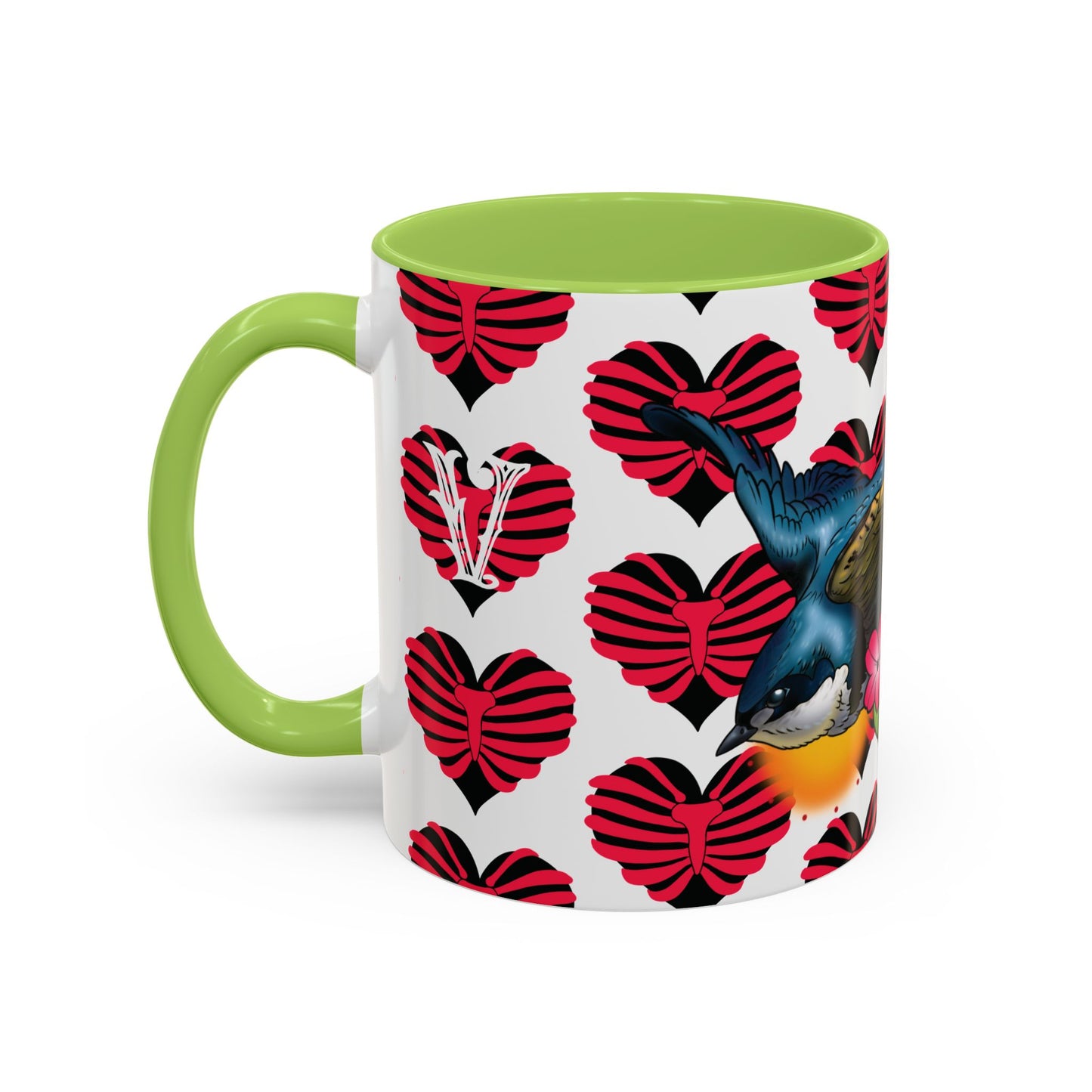 Bird & Hearts Accent Coffee Mug – Colorful Songbird Pattern (11/15oz)