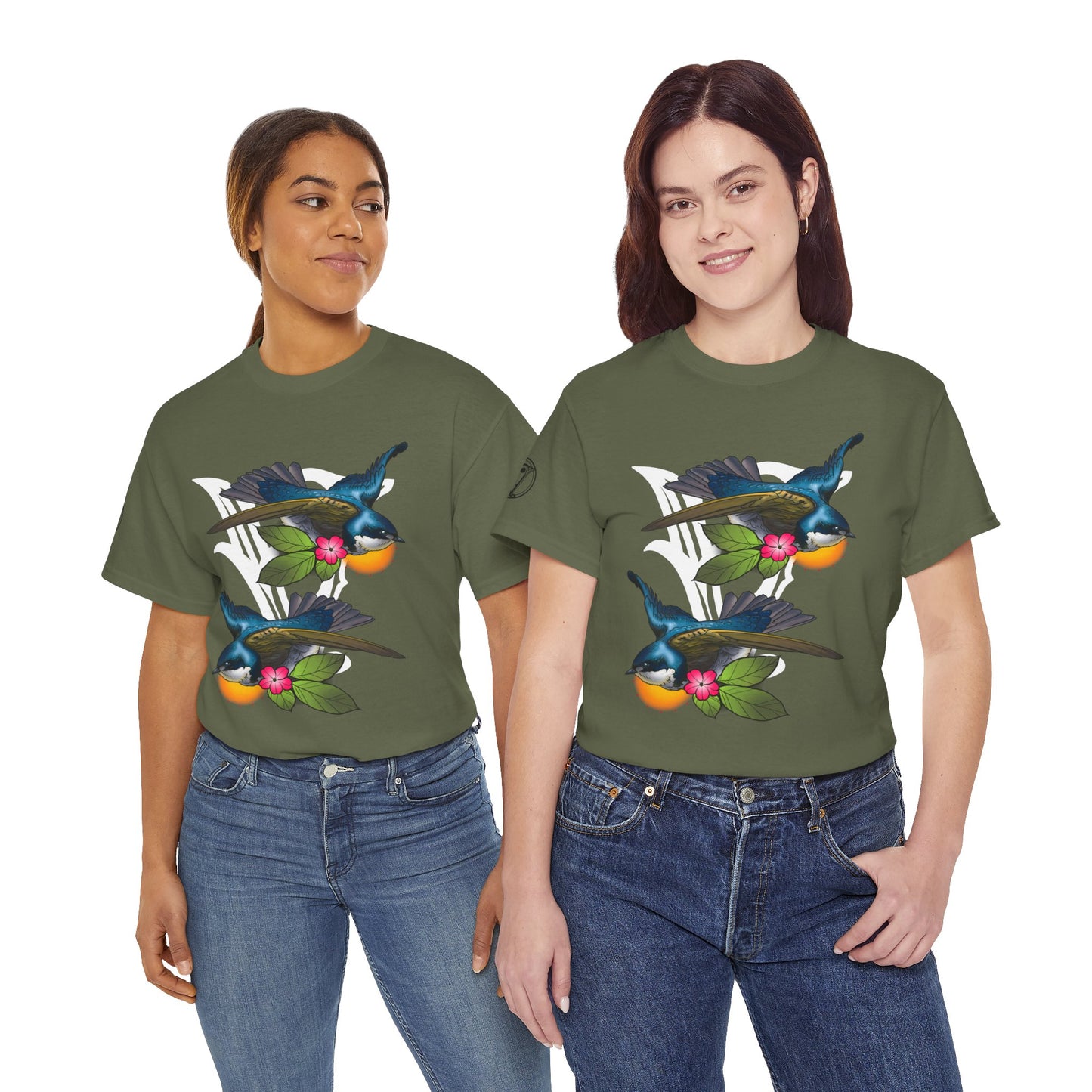 Bird Skull & Swallow Art Tee — Vibrant Blue Bird Illustration T-Shirt