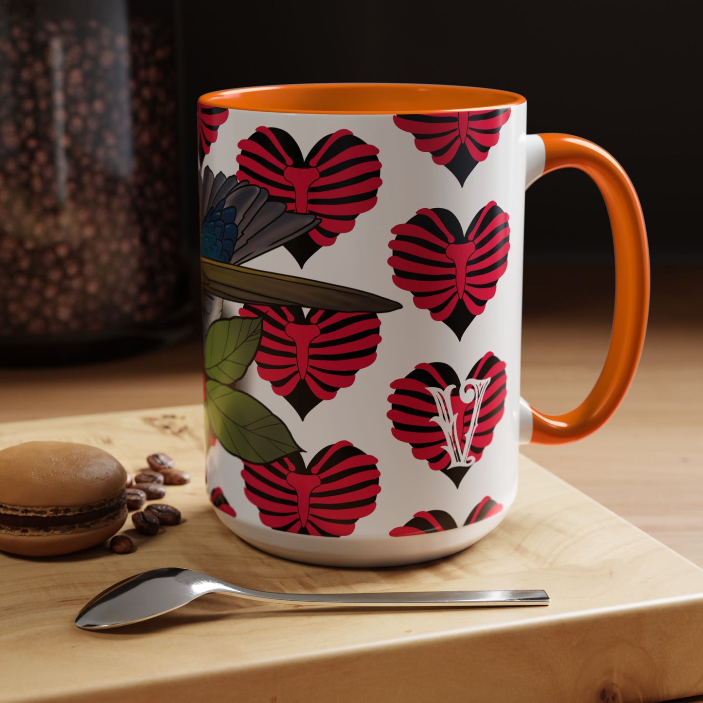 Bird & Hearts Accent Coffee Mug – Colorful Songbird Pattern (11/15oz)