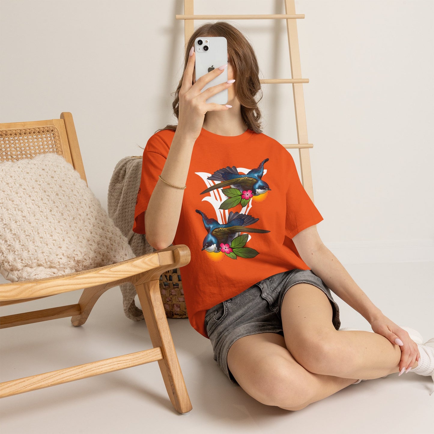 Bird Skull & Swallow Art Tee — Vibrant Blue Bird Illustration T-Shirt