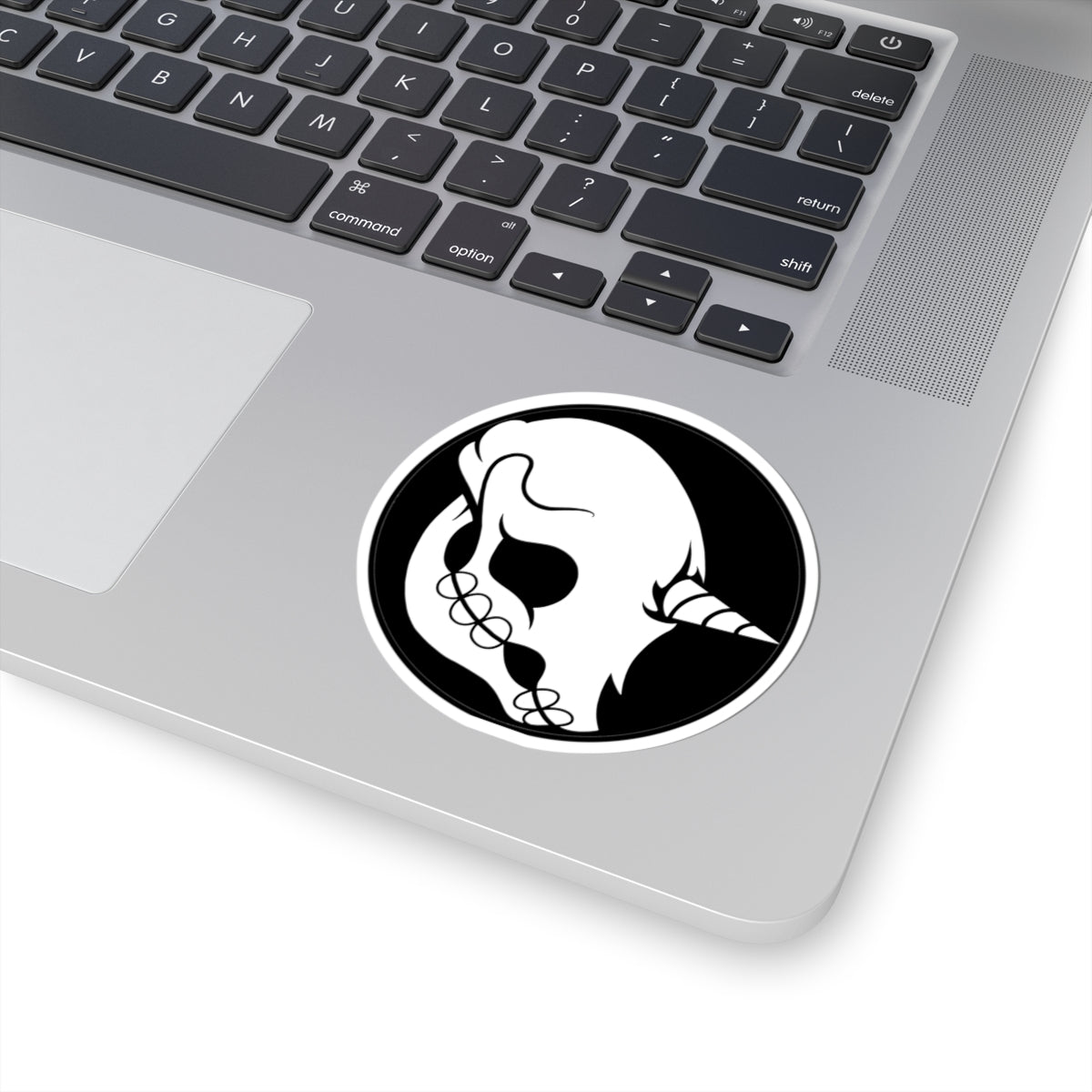 Skull Unicorn Kiss-Cut Sticker — Gothic Black & White Laptop Decal