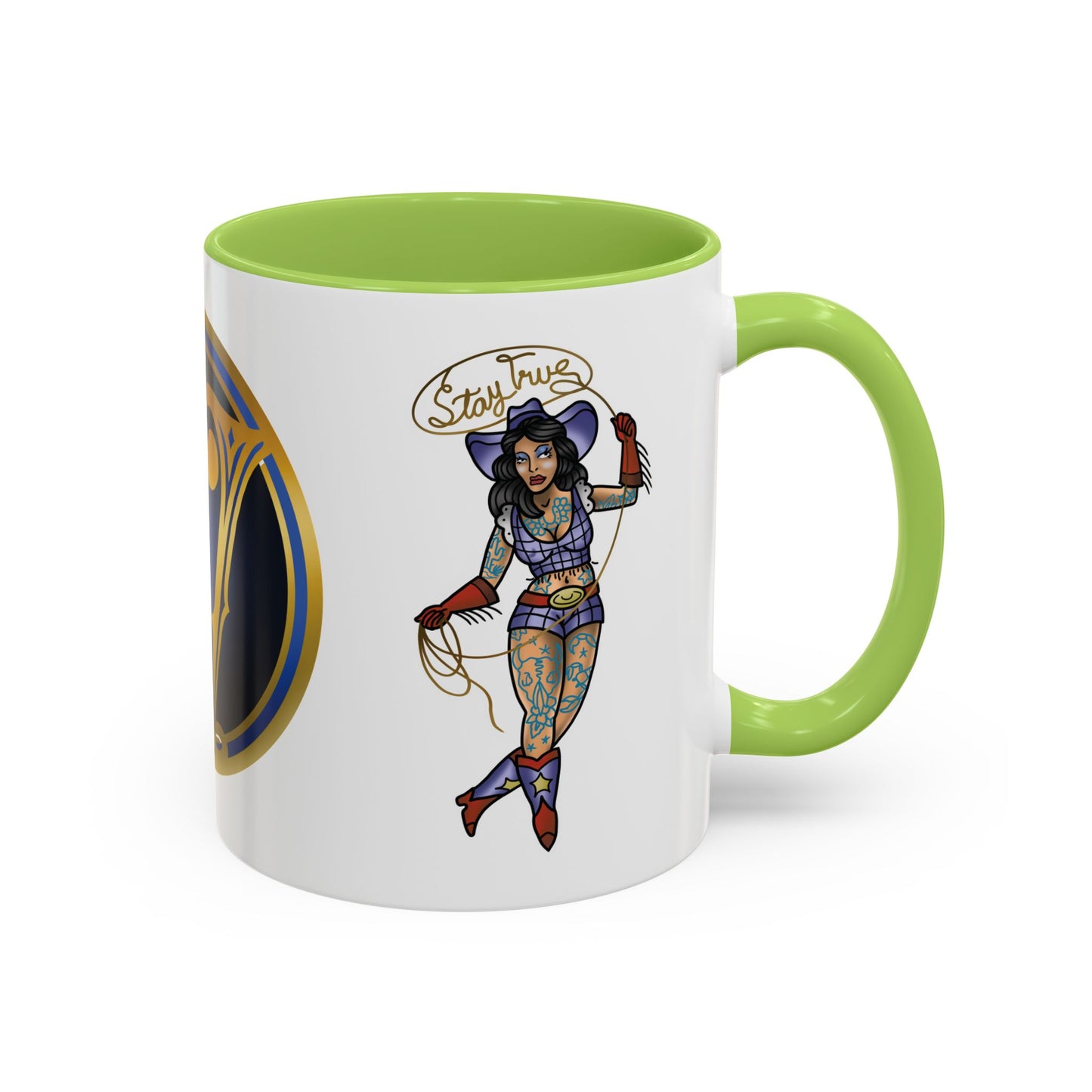 Accent Coffee Mug — Vintage Gold 'V' Monogram & Pin-Up Cowgirl Illustration (11oz/15oz)