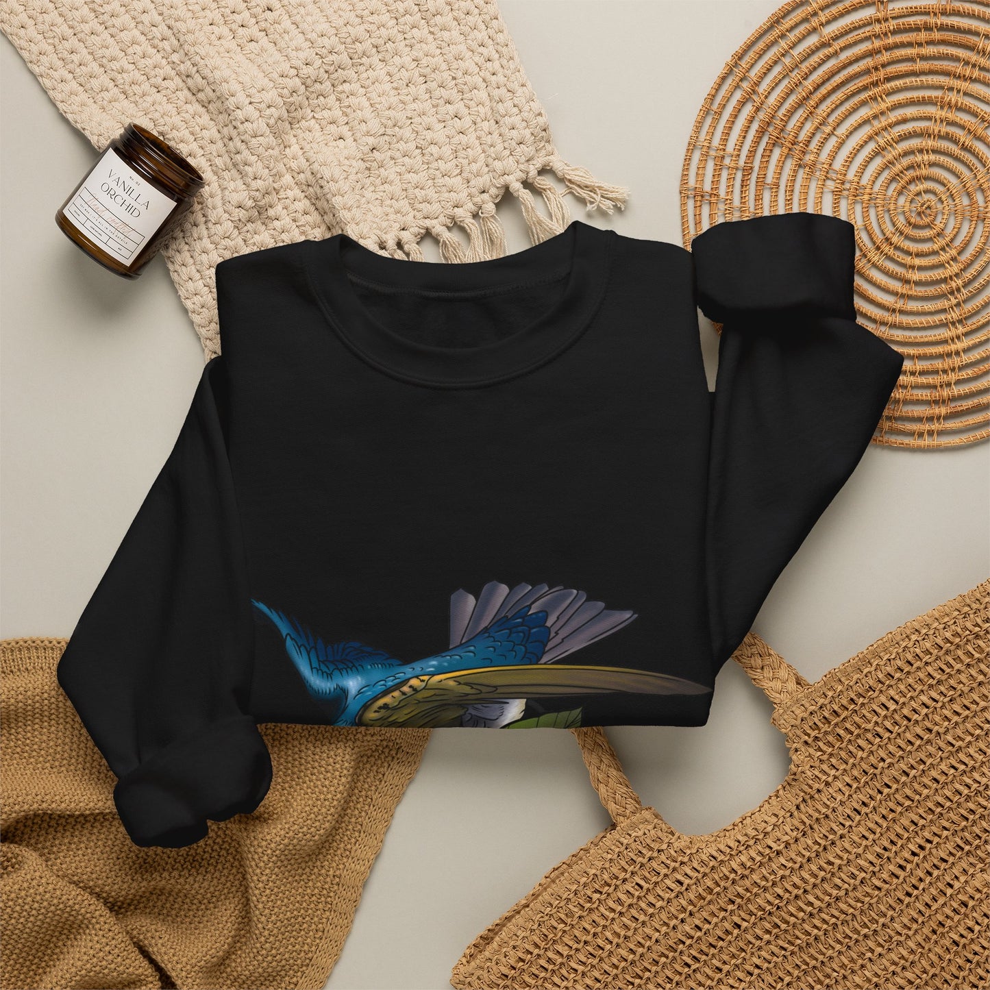 Swallow & Hibiscus Crewneck Sweatshirt — Tropical Bird Graphic Pullover