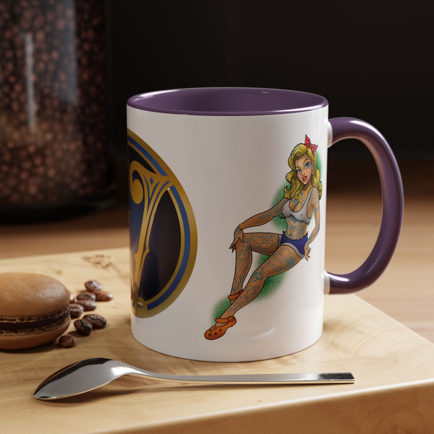 Vintage Pin-Up Coffee Mug with Gold Monogram V — Retro Tattoo Style Accent Mug (11/15oz)
