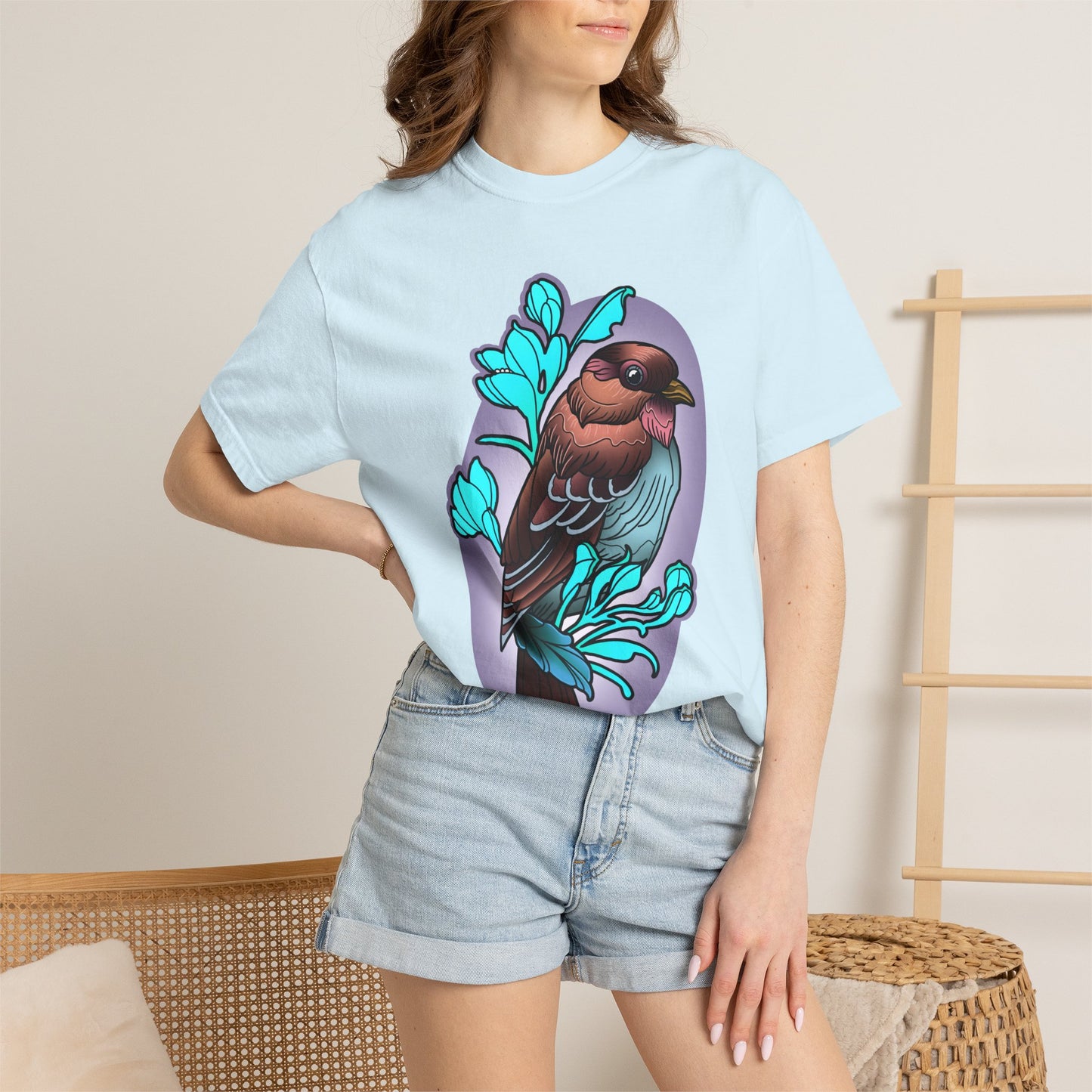 Bird Illustration T-Shirt — Colorful Sparrow on Floral Branch Tee