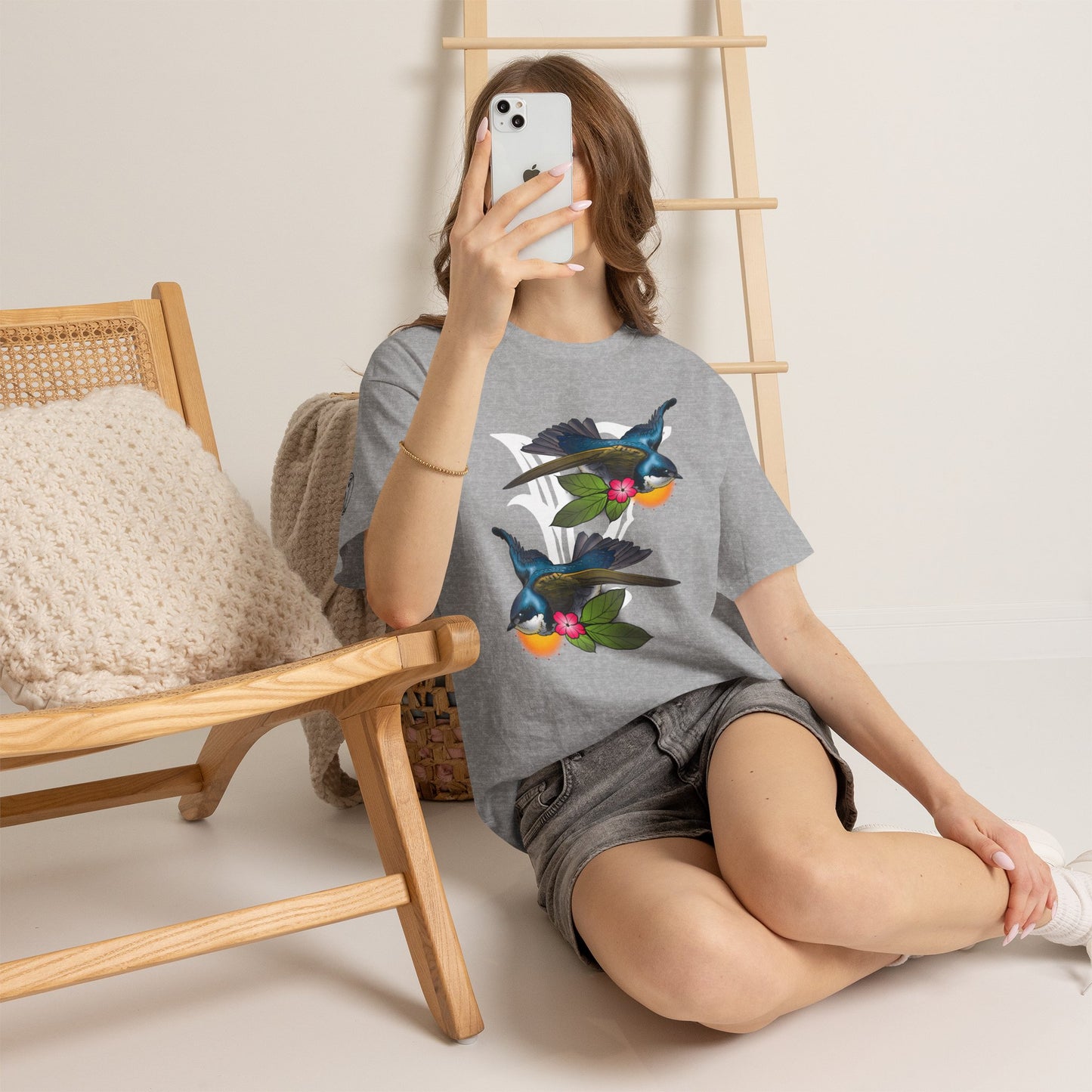 Bird Skull & Swallow Art Tee — Vibrant Blue Bird Illustration T-Shirt