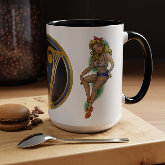 Vintage Pin-Up Coffee Mug with Gold Monogram V — Retro Tattoo Style Accent Mug (11/15oz)