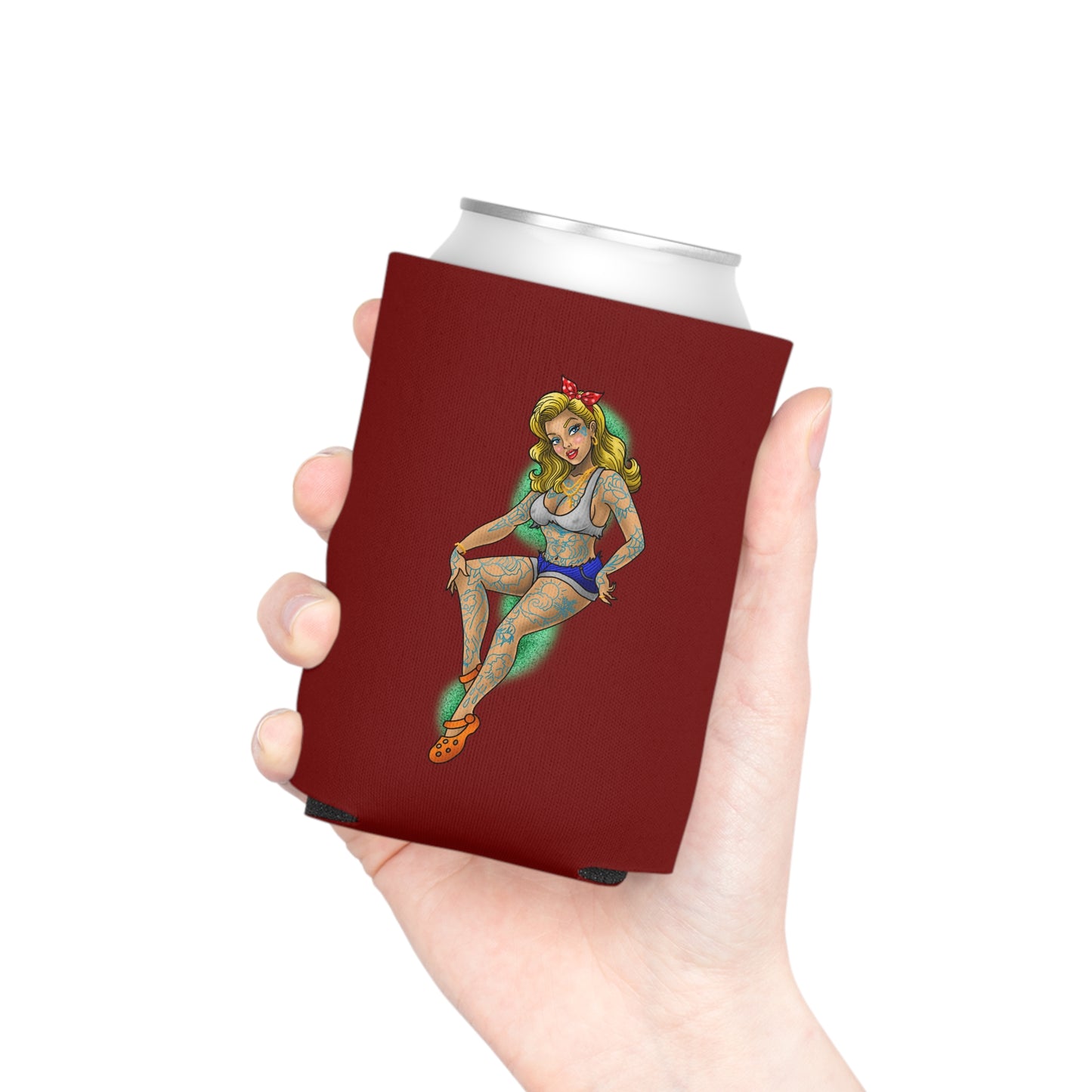 Tattoo Pin-Up Can Cooler – Retro Rockabilly Girl Beverage Koozie