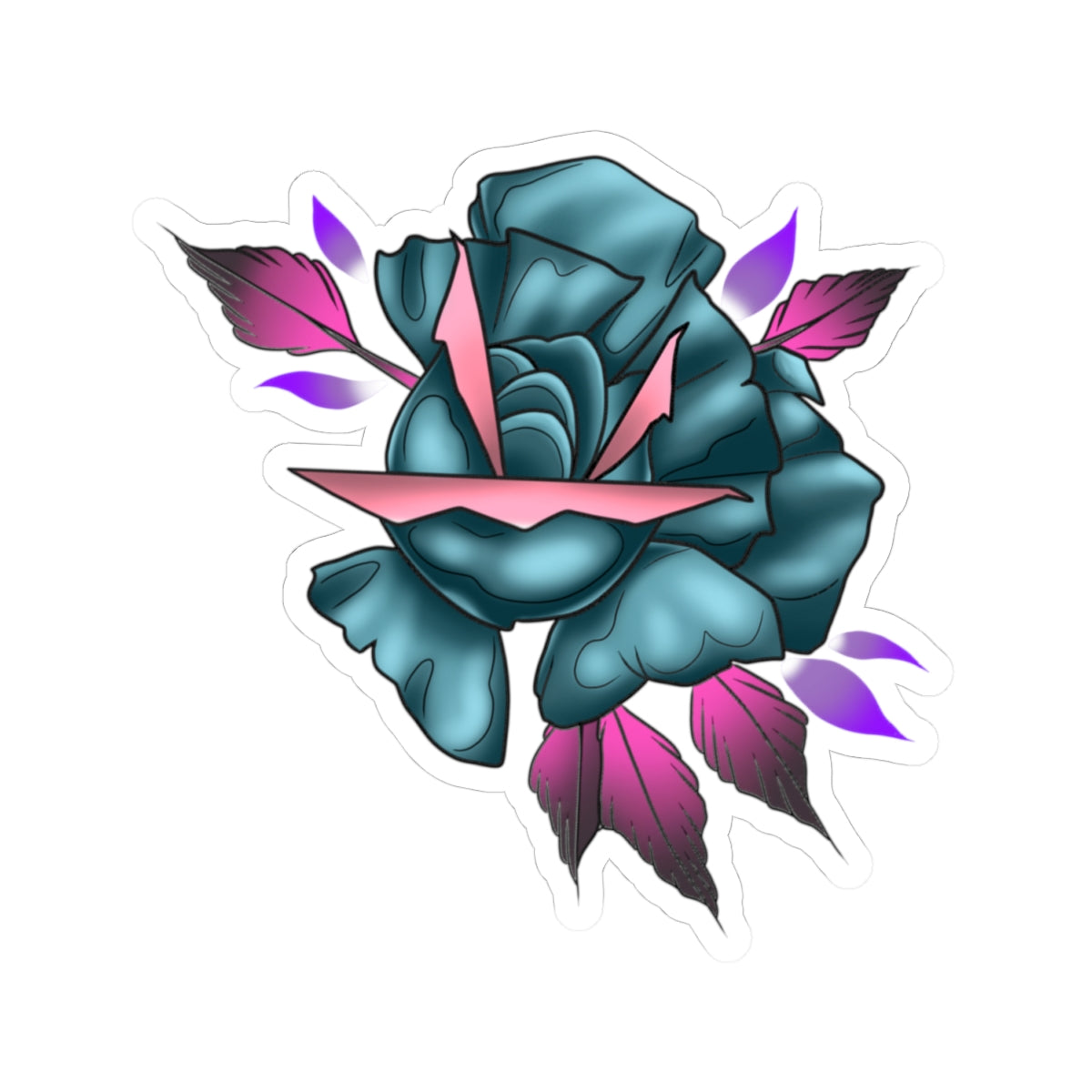 Teal Rose Kiss-Cut Sticker — Floral Tattoo-Style Laptop Decal