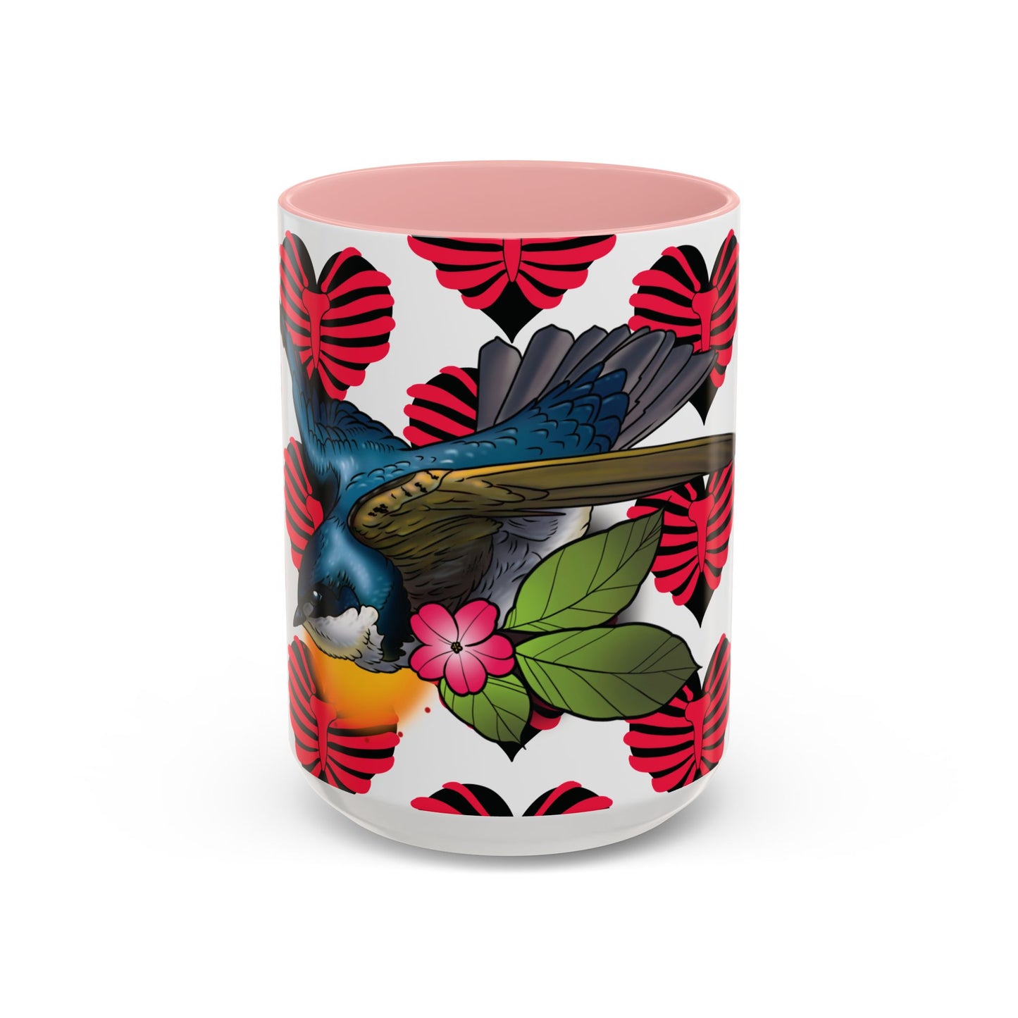 Bird & Hearts Accent Coffee Mug – Colorful Songbird Pattern (11/15oz)