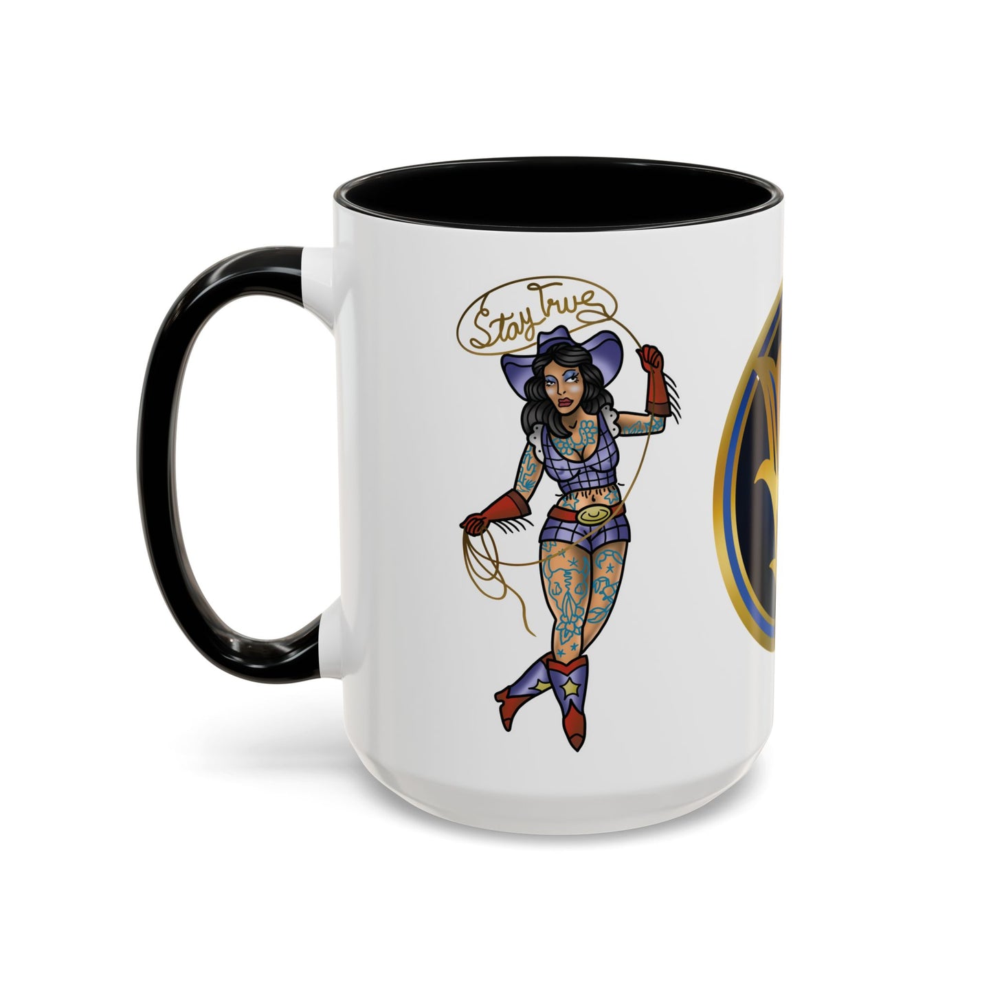 Accent Coffee Mug — Vintage Gold 'V' Monogram & Pin-Up Cowgirl Illustration (11oz/15oz)