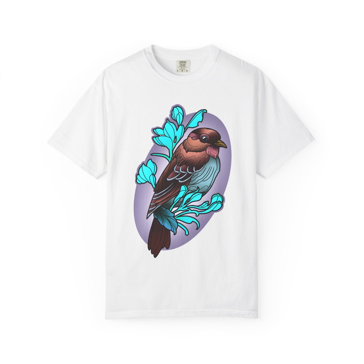 Bird Illustration T-Shirt — Colorful Sparrow on Floral Branch Tee
