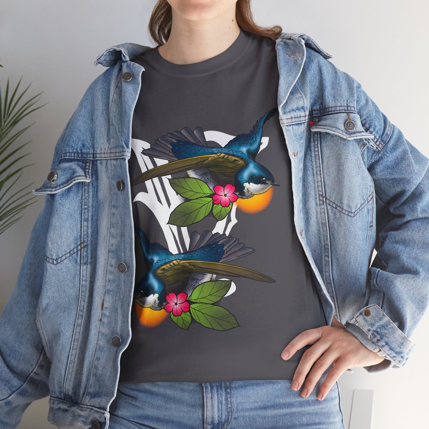 Bird Skull & Swallow Art Tee — Vibrant Blue Bird Illustration T-Shirt