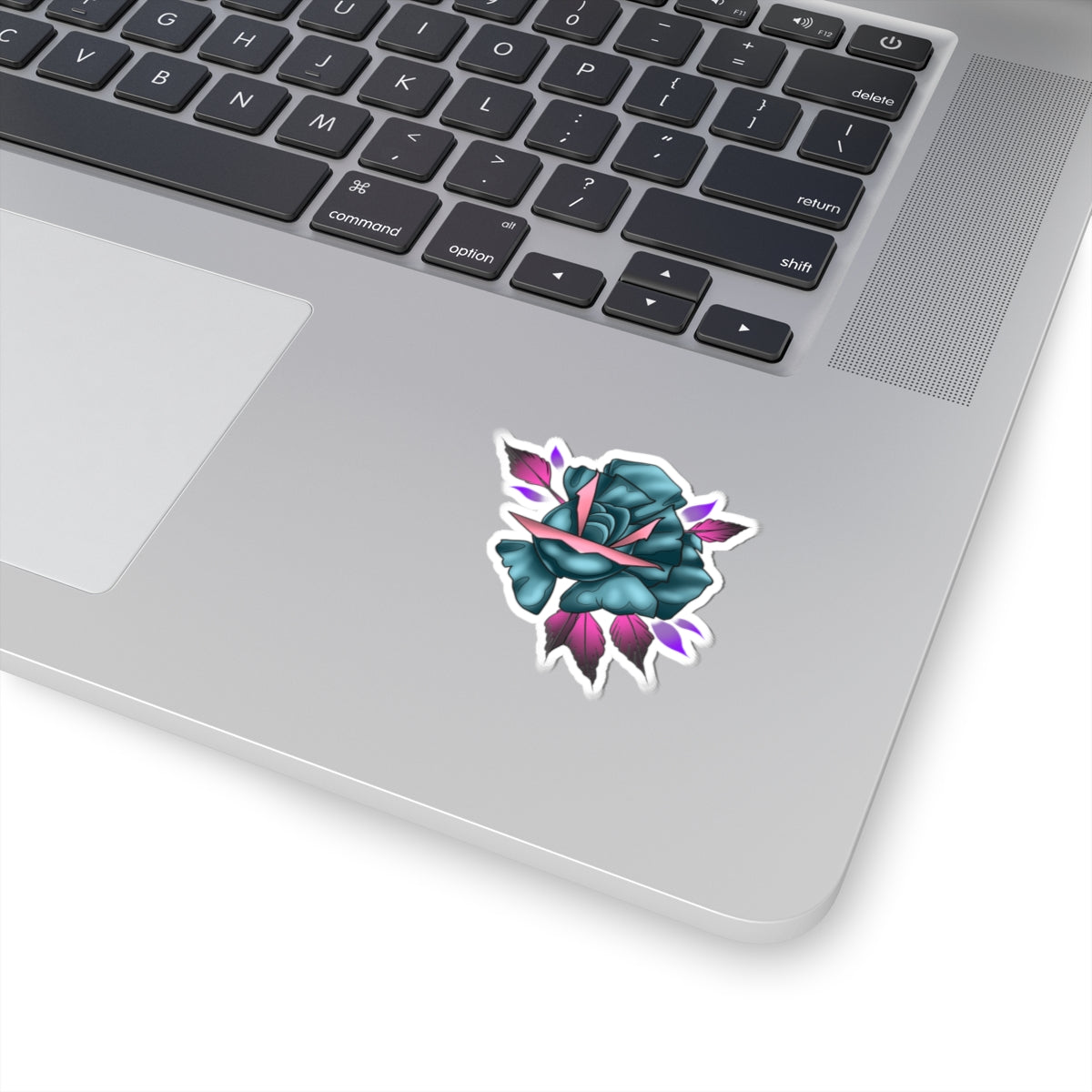 Teal Rose Kiss-Cut Sticker — Floral Tattoo-Style Laptop Decal