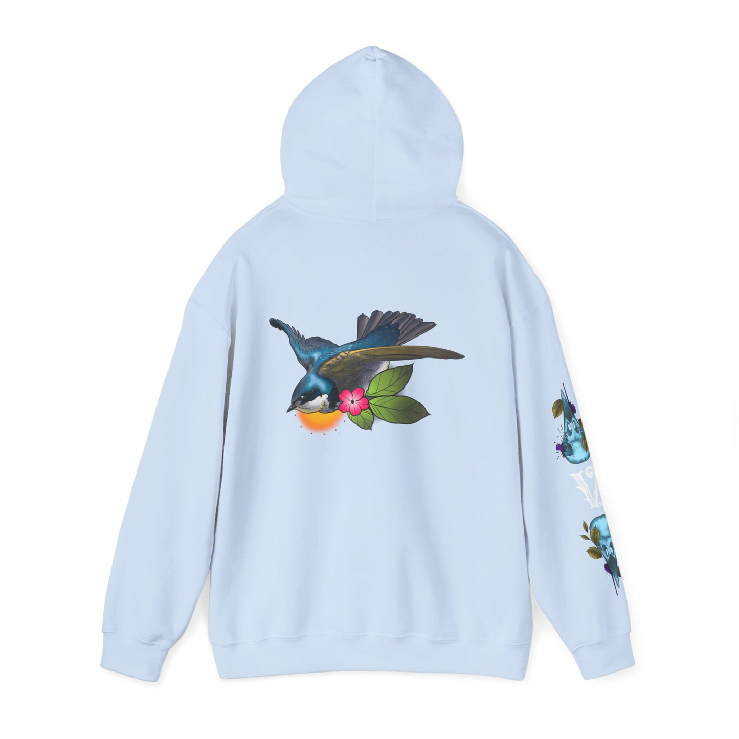 Swallow & Blossom Hoodie – Blue Bird Floral Graphic Sweatshirt