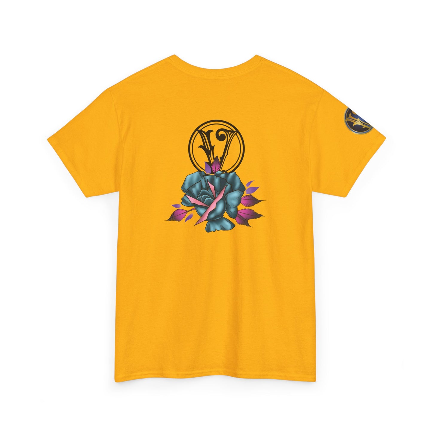 Blue & Pink Rose Graphic Tee — Vintage Floral Tattoo Shirt
