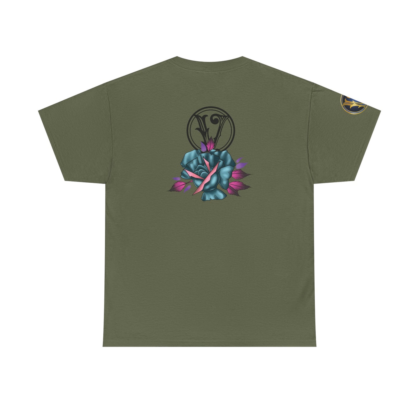 Blue & Pink Rose Graphic Tee — Vintage Floral Tattoo Shirt