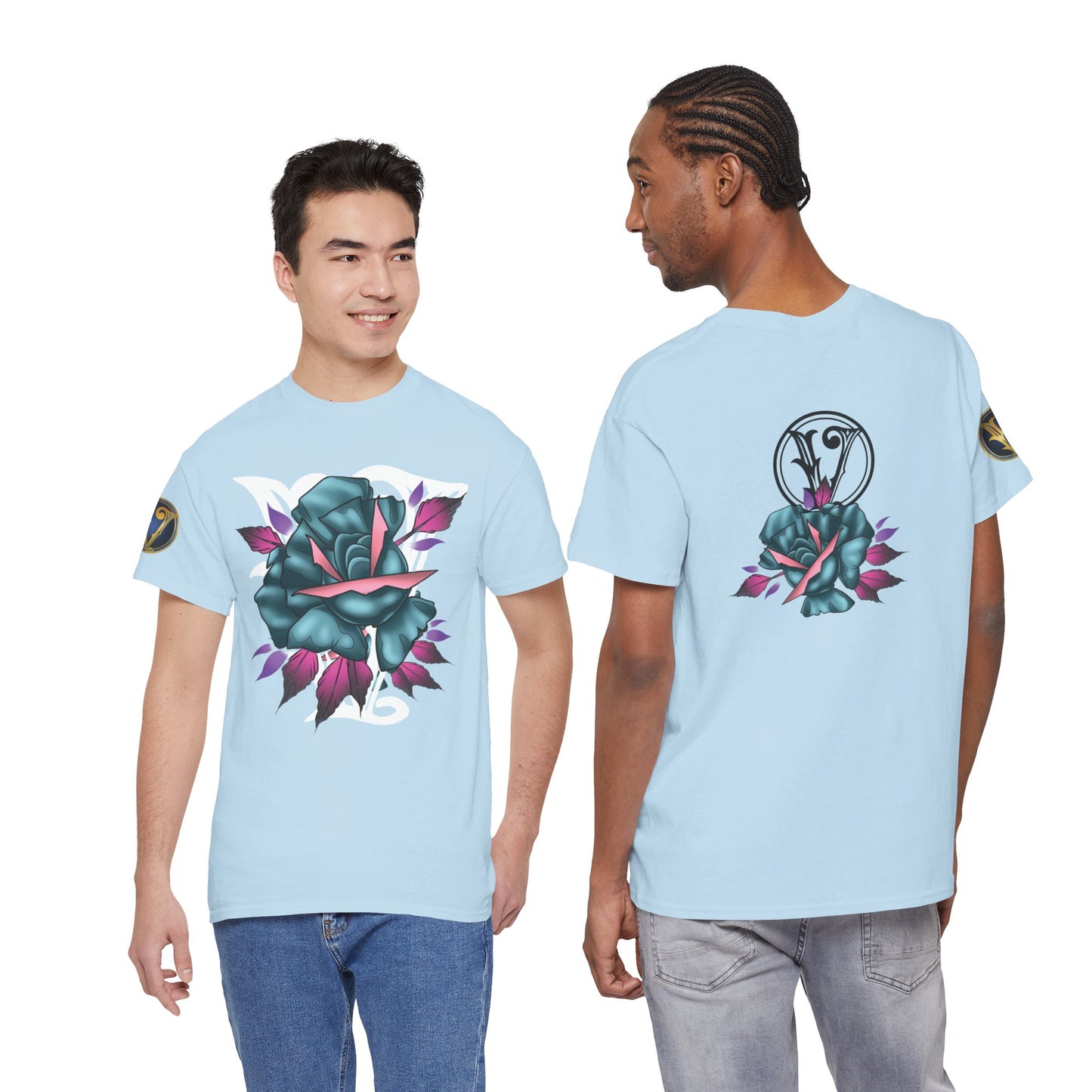 Blue & Pink Rose Graphic Tee — Vintage Floral Tattoo Shirt