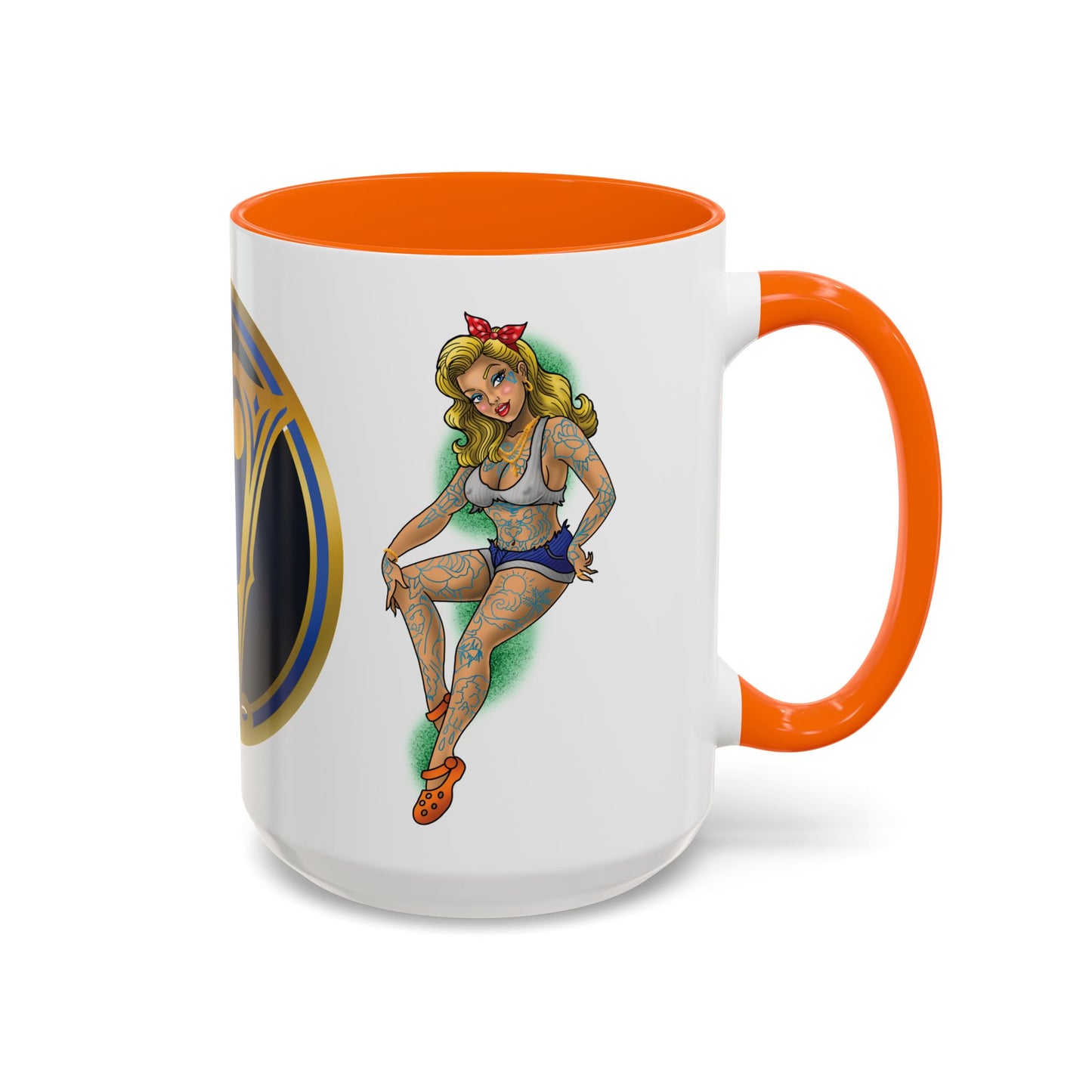 Vintage Pin-Up Coffee Mug with Gold Monogram V — Retro Tattoo Style Accent Mug (11/15oz)